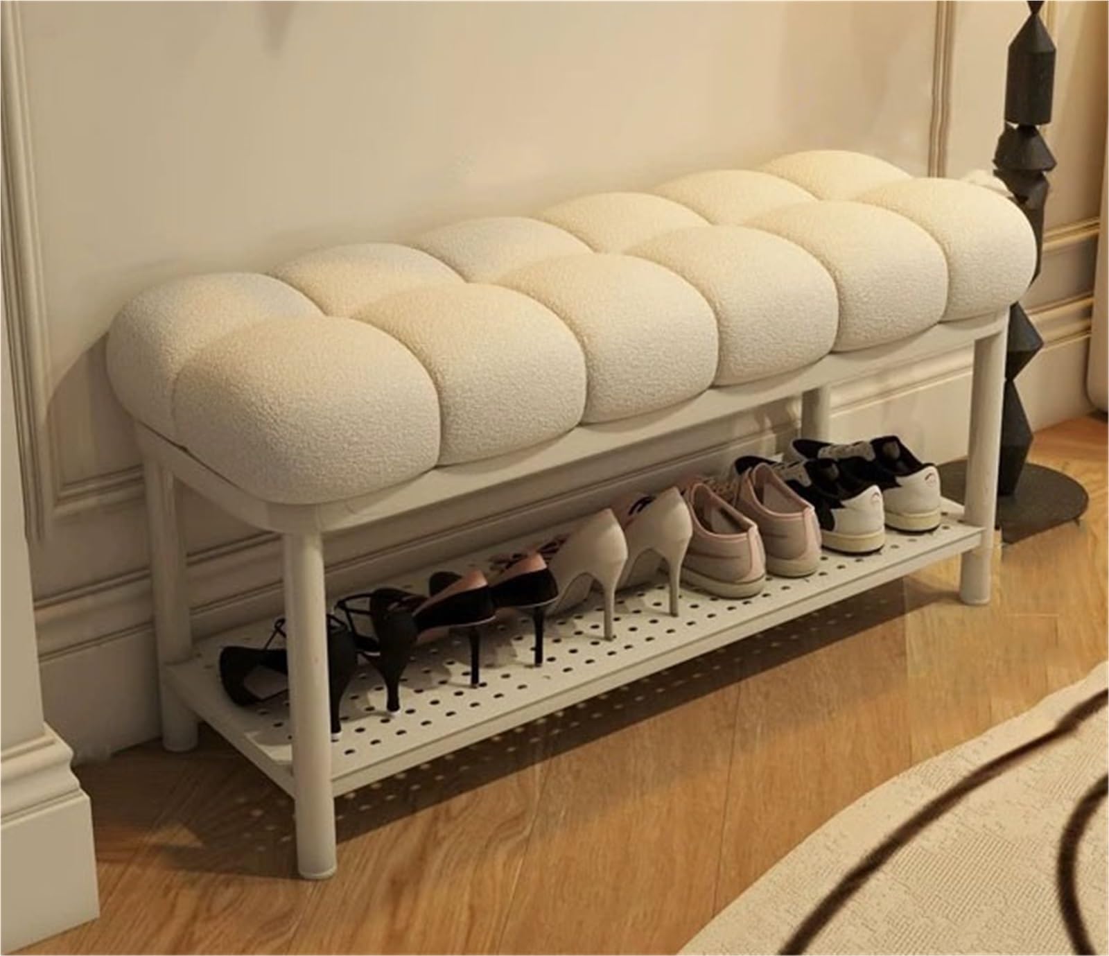 SDCFFC Upholstered Entryway Shoe Rack Bench Shoe Storage Bench with Open Storage Shelves Modern Ottoman Bench Shoe Organizer for Hallway Living Room,Ideal for Home
