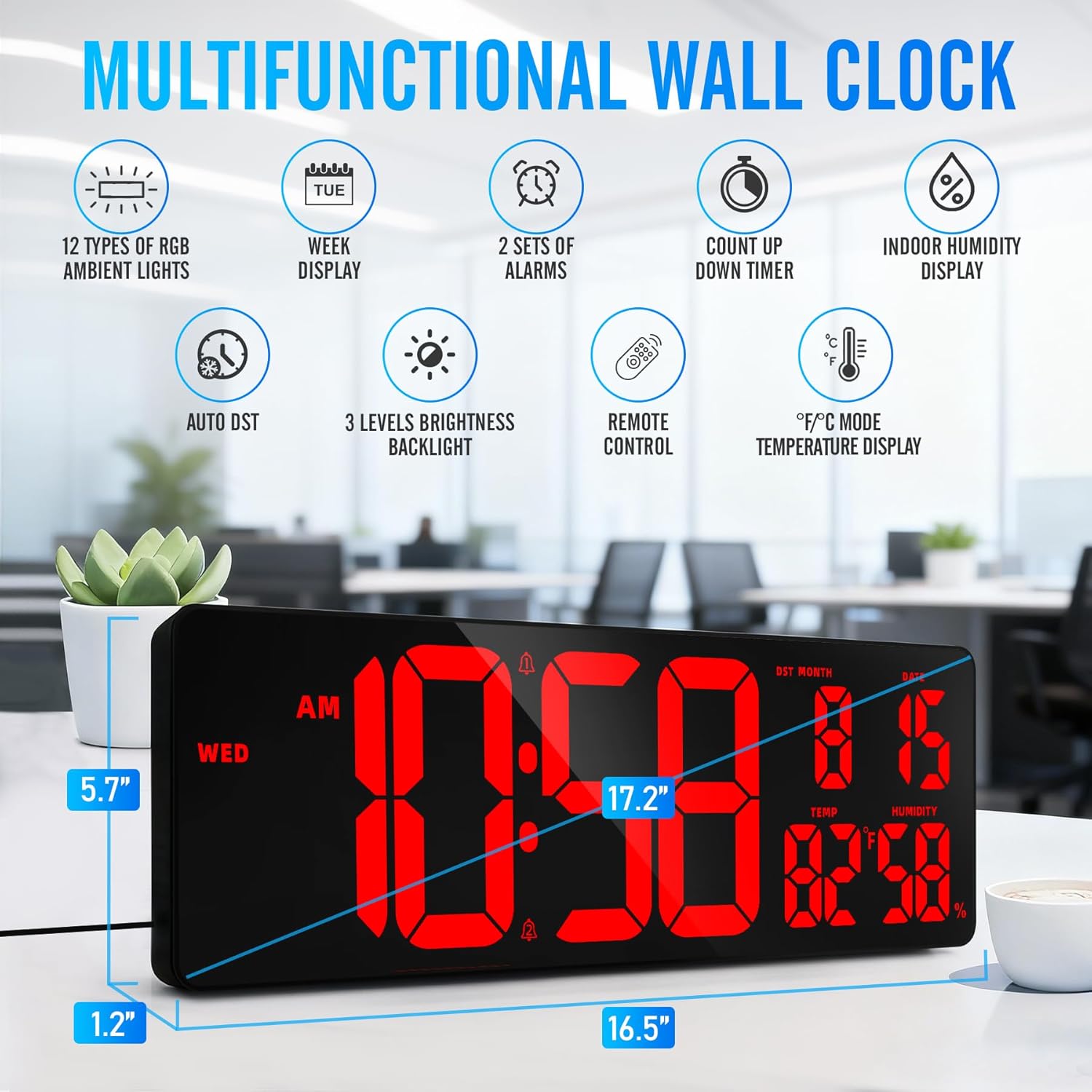 5.6'' Number Digital Display with Ambient Lighting,17.2" Large Digital Wall Clock with Auto-Brightness, Remote Control Alarm Clock for Home | Wall Decor Gift (DST Auto-Adjust)