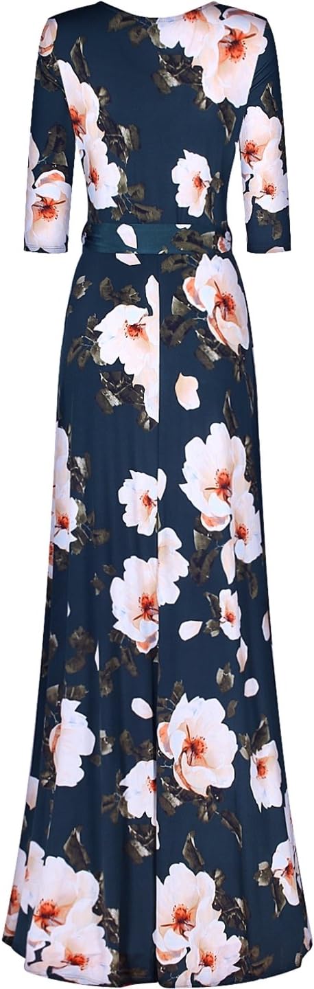 Women's Super Stretchy Maxi Party Dress Summer Beach Faux Wrap 3/4 Sleeve V-Neck Floral Print