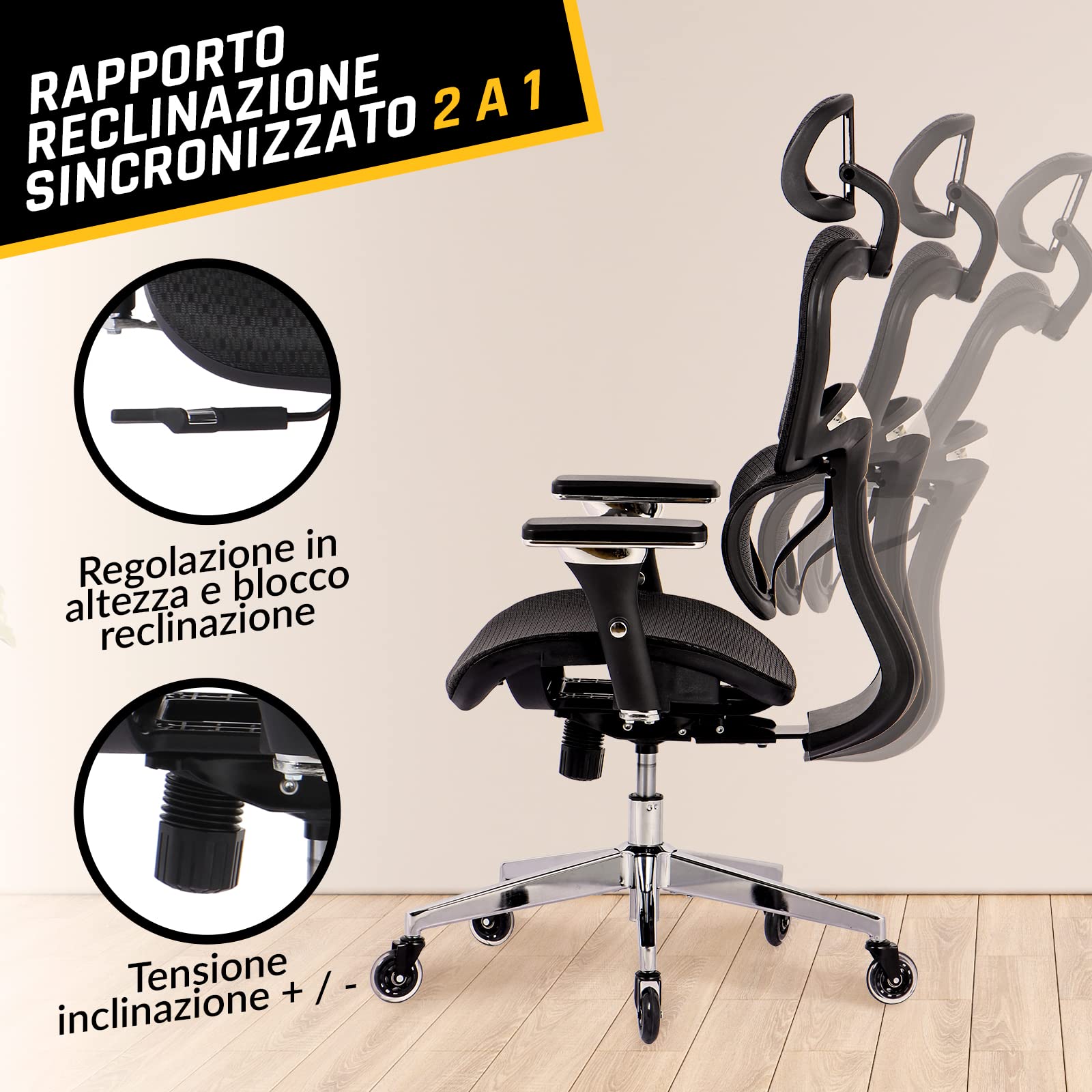 K800 Sedia Ergonomica da Ufficio, Poltrona Girevole, Ottima Come Gaming | Braccioli 4D e Supporti Lombari Cervicali Regolabili, Ergonomia ai Massimi Livelli, Supporto Lombare Dinamico