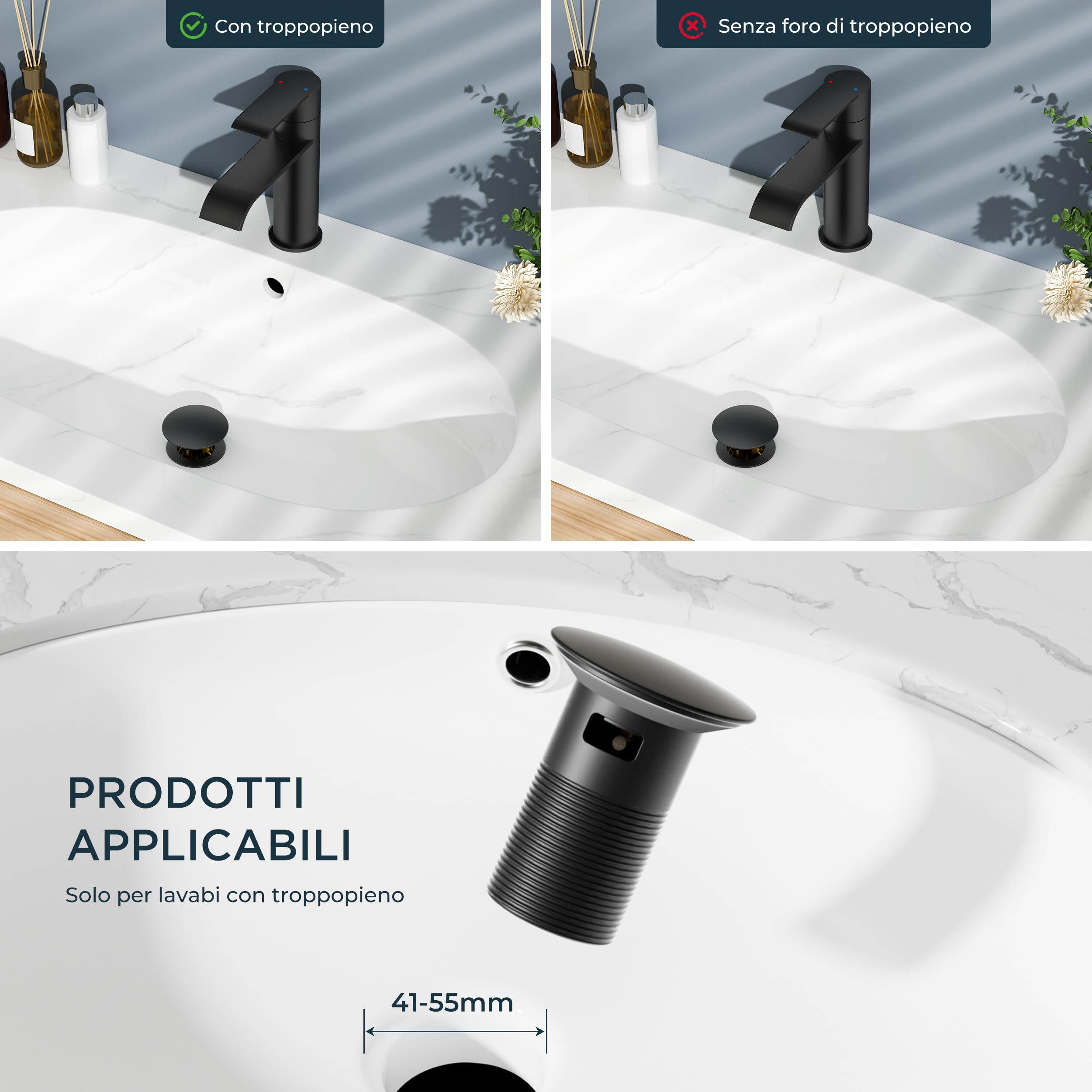 FORIOUS Rubinetto Bagno Lavabo Nero con Piletta, Miscelatore Monocomando, Rubinetto a Cascata con Altezza Beccuccio 98MM, Design Moderno