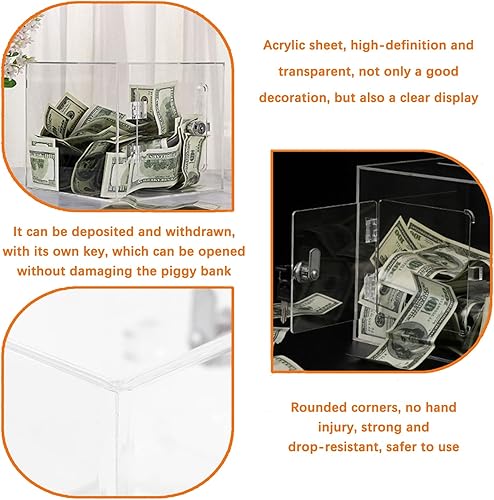 Miniatura 3 de LXBAMKEA Alcancía transparente bancos de dinero para niños con llave tarro cuadrado de acrílico para ahorrar dinero para abrir monedas billetes caja