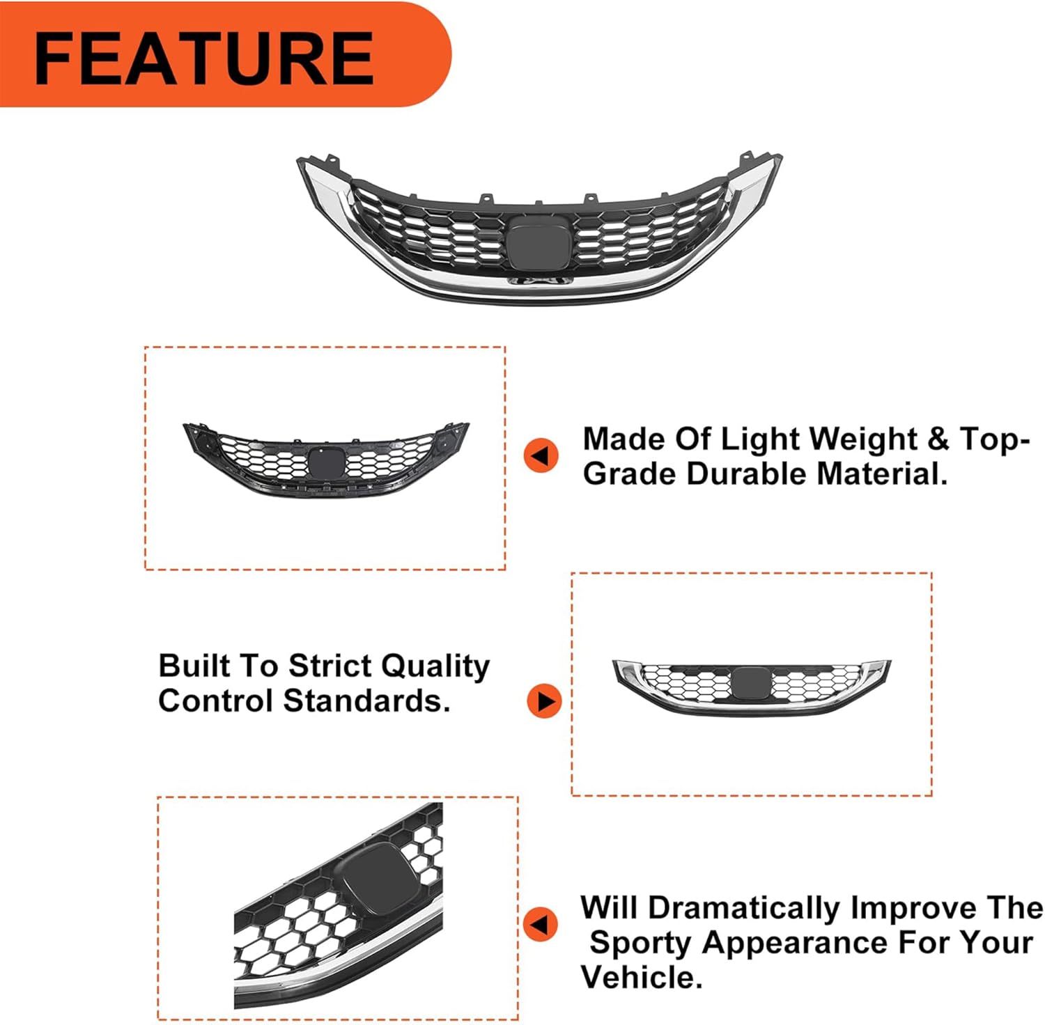 ECOTRIC Front Grill Compatible with 2013 2014 2015 Honda Civic Sedan HO1200216 HO1202109 71121TR3A01 71122TR3A01 Front Bumper Hood Grille W/Chrome Molding