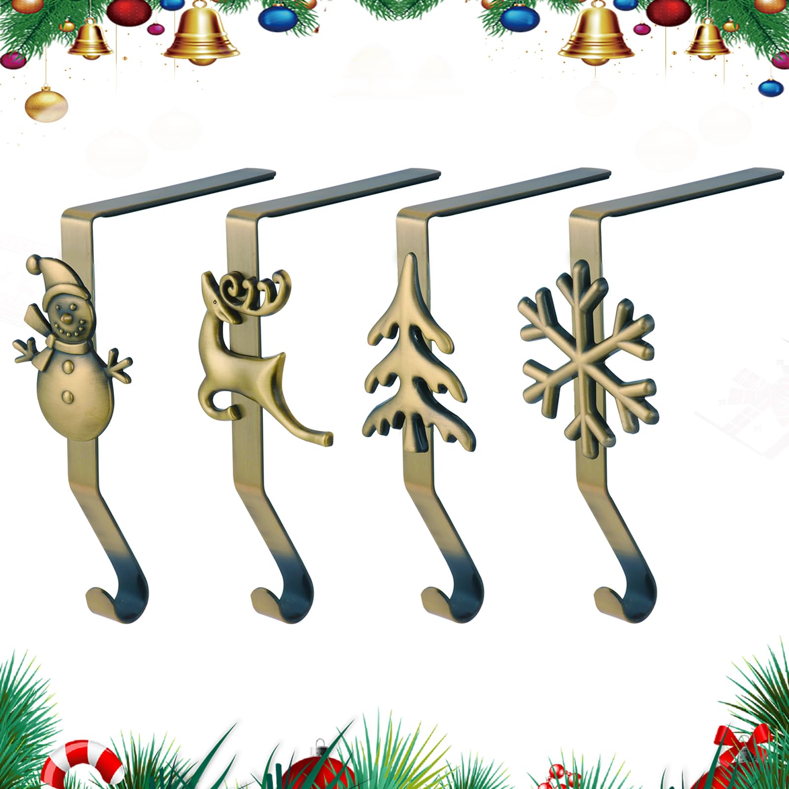 Lot de 4 supports de chaussettes de Noël – Différents motifs pour cheminée – Crochets pour chaussettes de Noël pour décoration de Noël (bronze)
