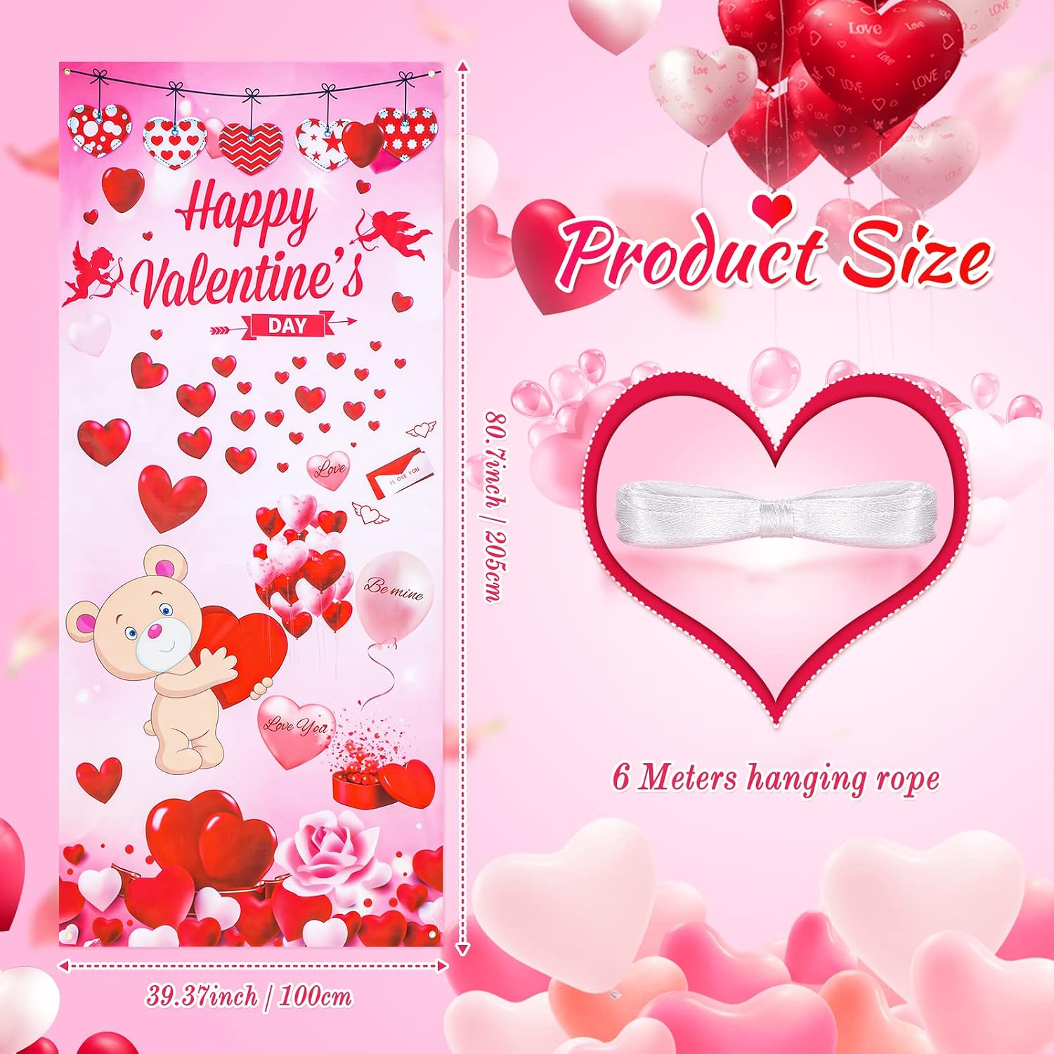 Tatuo Happy Valentine's Day Door Cover Large Fabric Valentines Day Accessories Hanging Holiday Door Streamers Romantic Valentines Decor Heart Flower Bear Backdrop Banner Indoor Outdoor Party Decor - Image 3