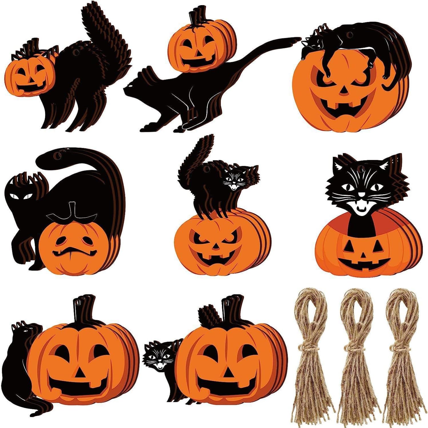 Ricomso Black Halloween Wooden Hanging Decor Set - 16-Piece Pumpkin & Cat Themed Ornaments With Cotton Hanging Ropes