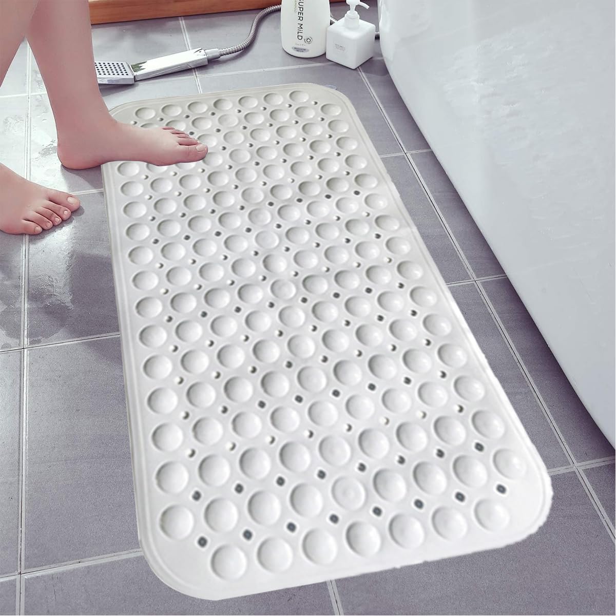 Bathroom Mat - Soft PVC Non Slip Shower Mat Non Slip Anti Mould Strong Grip with Suction Cups & Drain Holes - Antibacterial Easy Drying Mat (40 x 100 cm, White)