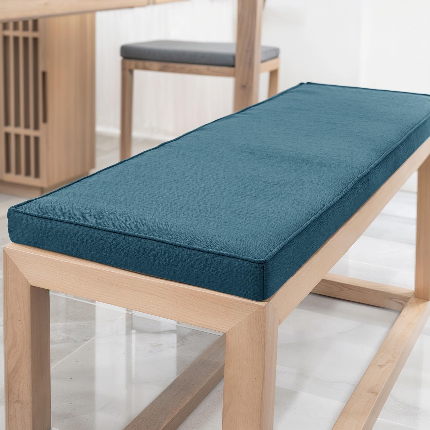 YFHT Bench Cushion, Washable Linen Bench Pad with Non-Slip Bottom and Piping, Long Seat Pad for Garden Bench, Patio, Indoor Window Seat, Hallway Bench and Rattan Chairs,Blue,200x45x5cm
