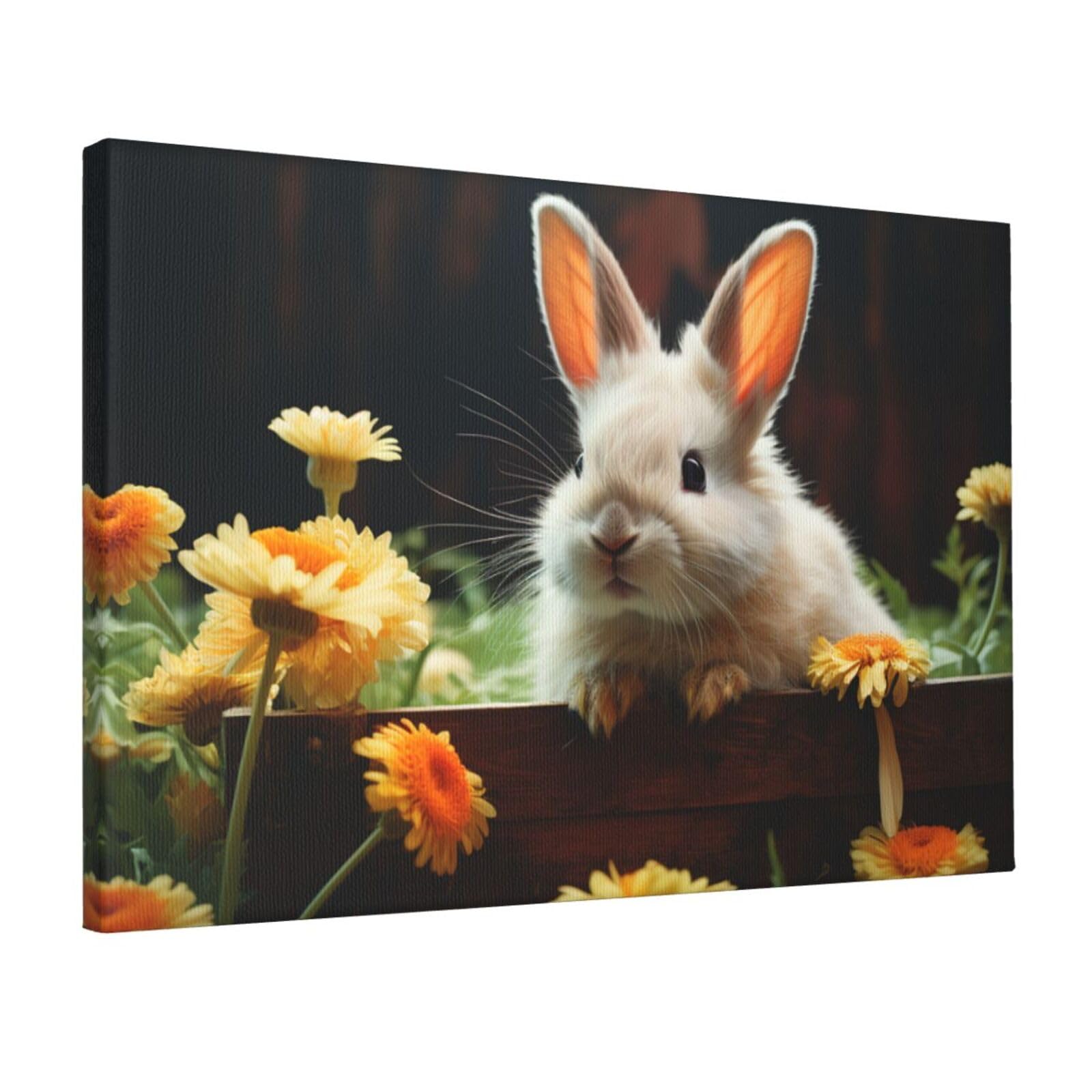 Canvas Wall Art for Living Room Wall Decor 12"x18" Modern Artwork Painting Pictures Hanging Canvas Prints Rabbit and flower Aesthetic Wall Art for Bedroom Bathroom Office Wallart Decor