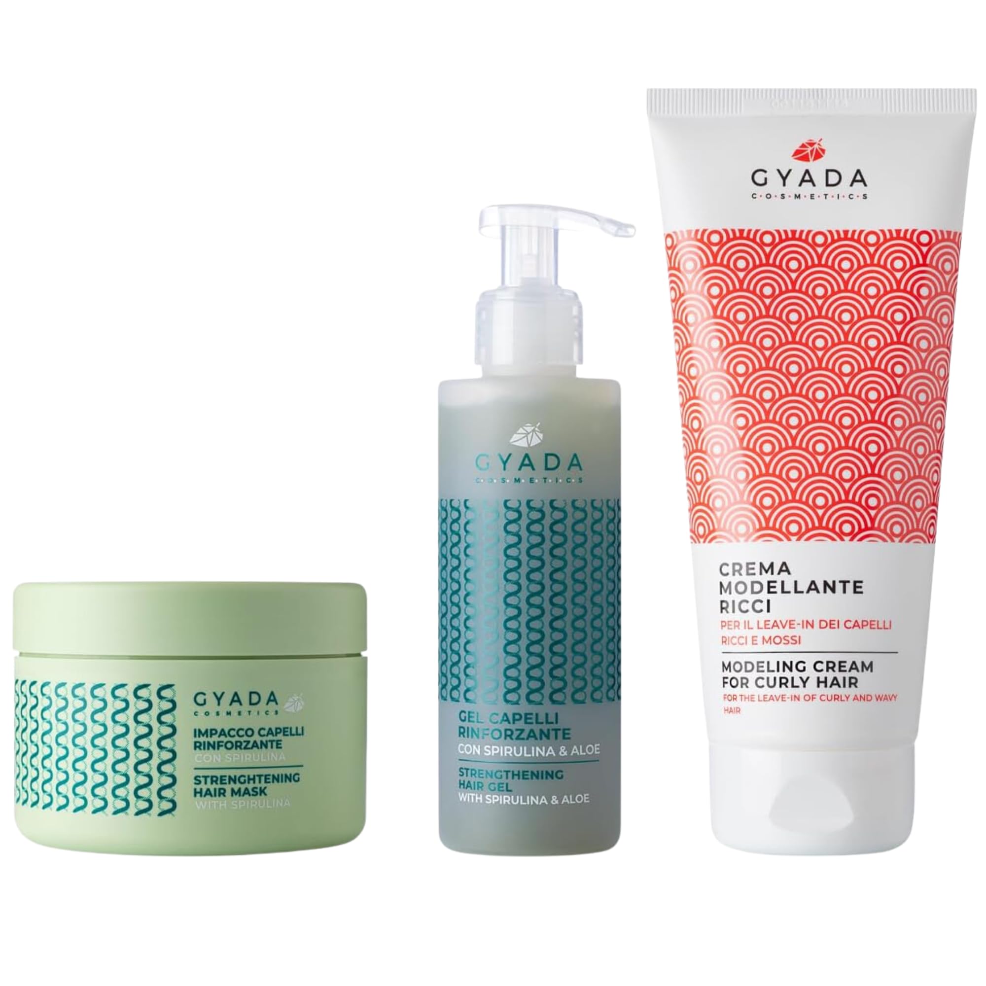 GYADA COSMETICS, Krem do modelowania kręcone 200 ml, wzmacniający włosy ze spiruliną 250 ml, żel wzmacniający włosy ze spiruliną i aloesem 150 ml, kompletny zestaw do pielęgnacji włosów