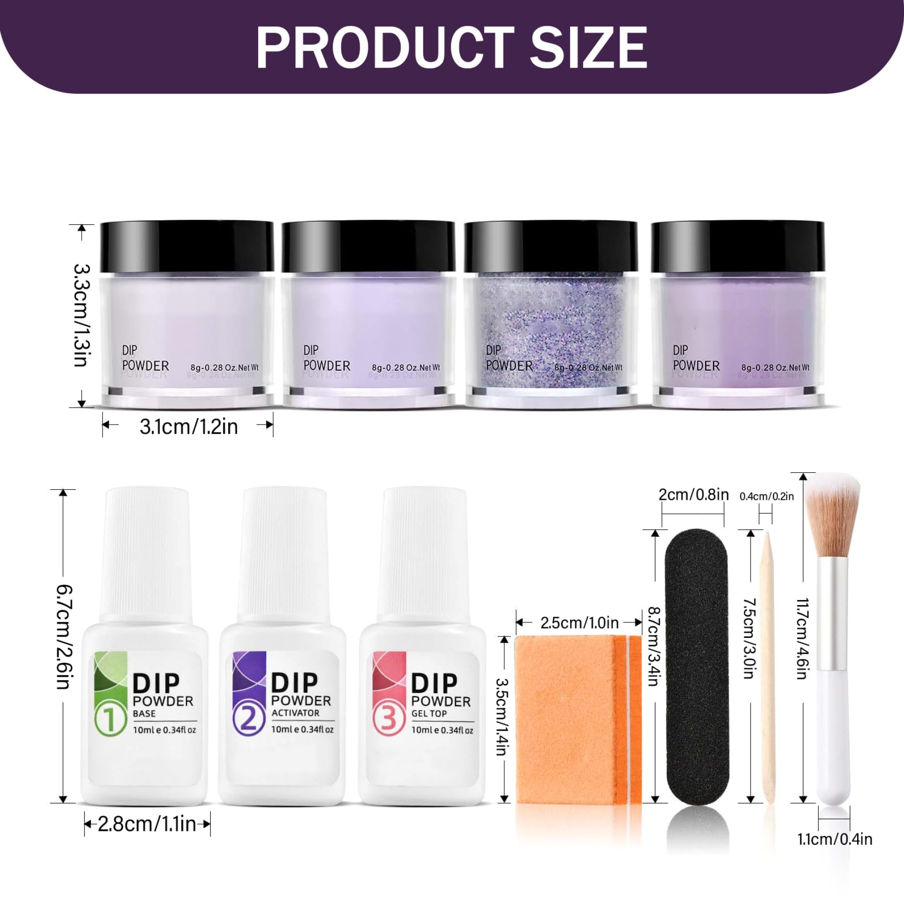 Kit de poudre de trempage pour ongles 4 couleurs, sans danger pour la peau, comprend une base activatrice/une couche finition, un pinceau, un bâton tampon, violet, bleu, longue durée pour les débu
