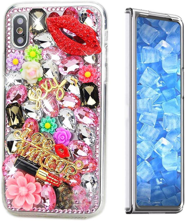 Glitter Phone Case Compatible with Samsung Galaxy Z Fold 3 5G - 3D Luxury Girls Women Shiny Design Handcrafted Cover with Screen Protector (2 Pack Front) - Pink Lipstick Lips Flower