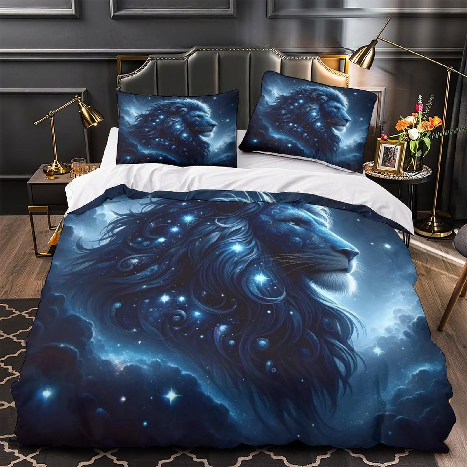 Cosmic Lion Duvet Cover 3D Print Durable 3 Pcs Bed Linen Hidden Zipper Mythical Fantasy Comforter Cover Premium Breathable for Kids Adults Women Teens Youth Girls Double（200x200cm）