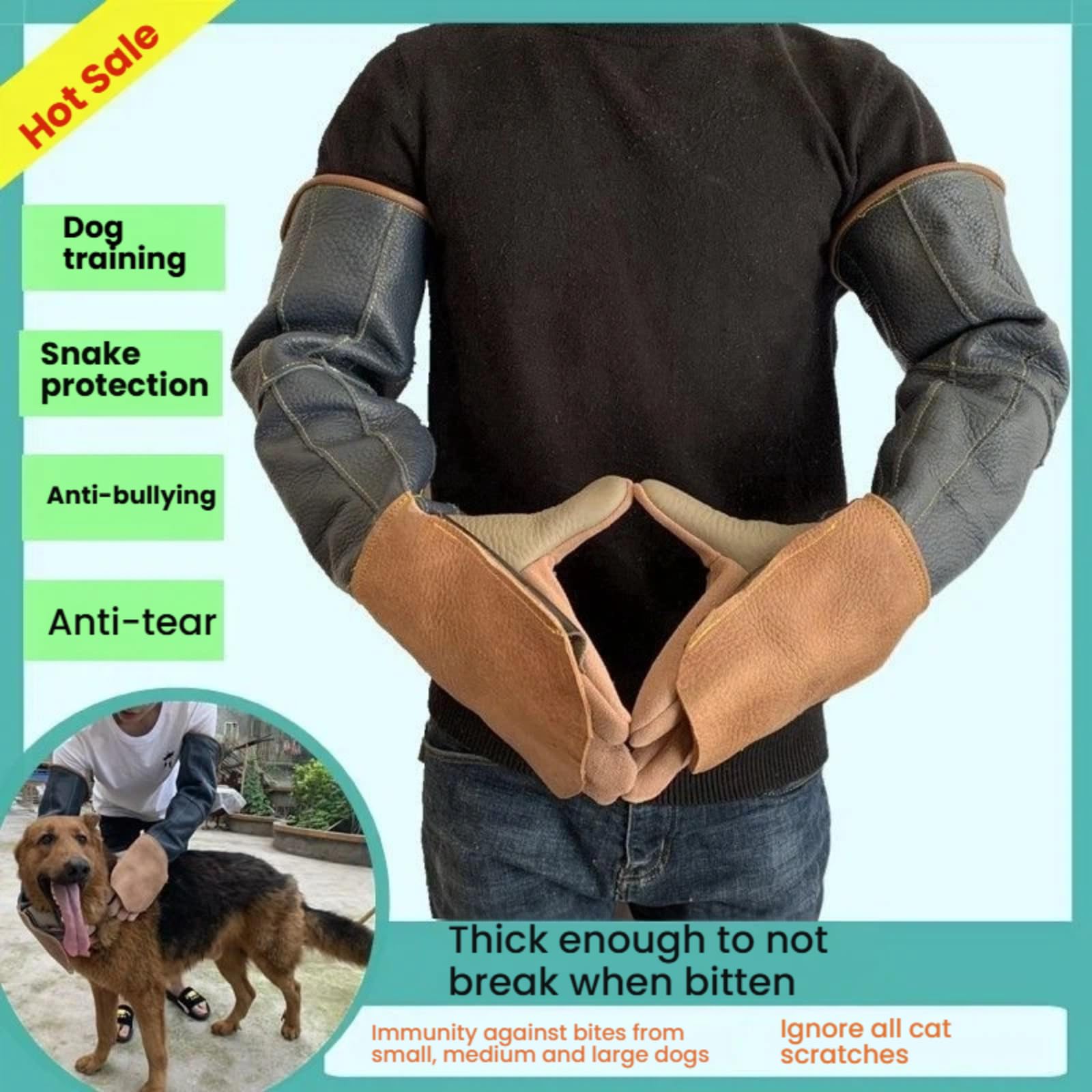 Guantes de manipulación de animales a prueba de mordeduras, 60 cm extendidos de cuero vacuno auténtico, antimordeduras, antiarañazos, resistentes a desgarros, para entrenamiento de perros, aseo de