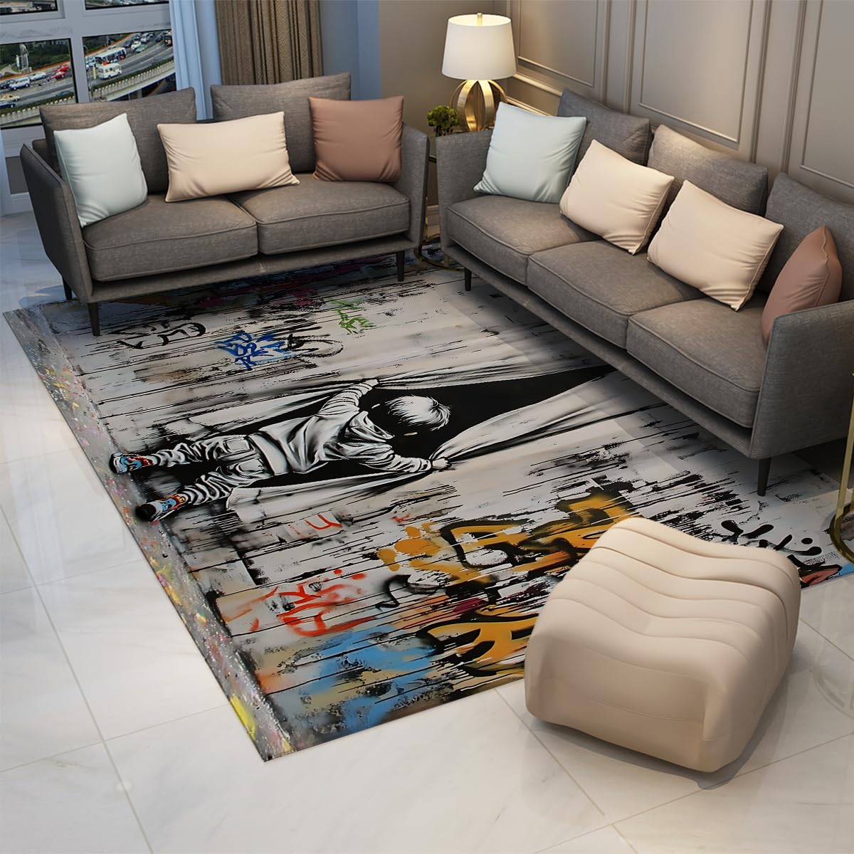 Tapis de chambre doux au motif street art pour créer un coin lecture moderne