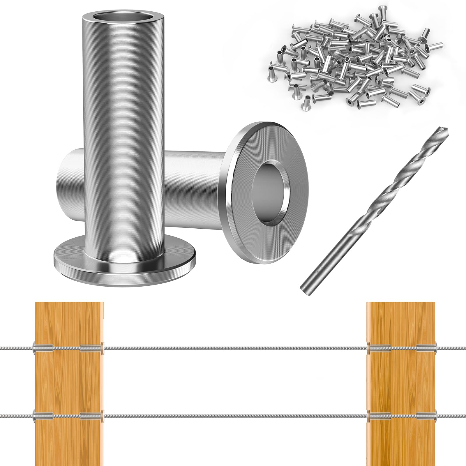 Steel DN Mate 50 Pack Stainless Steel Protector Sleeves for 1/8", 3/16" Cable Railing, Cable Protector Sleeves for Deck Railing System, Cable Railing Hardware with a Drill Bit, T316 Marine Grade DK05