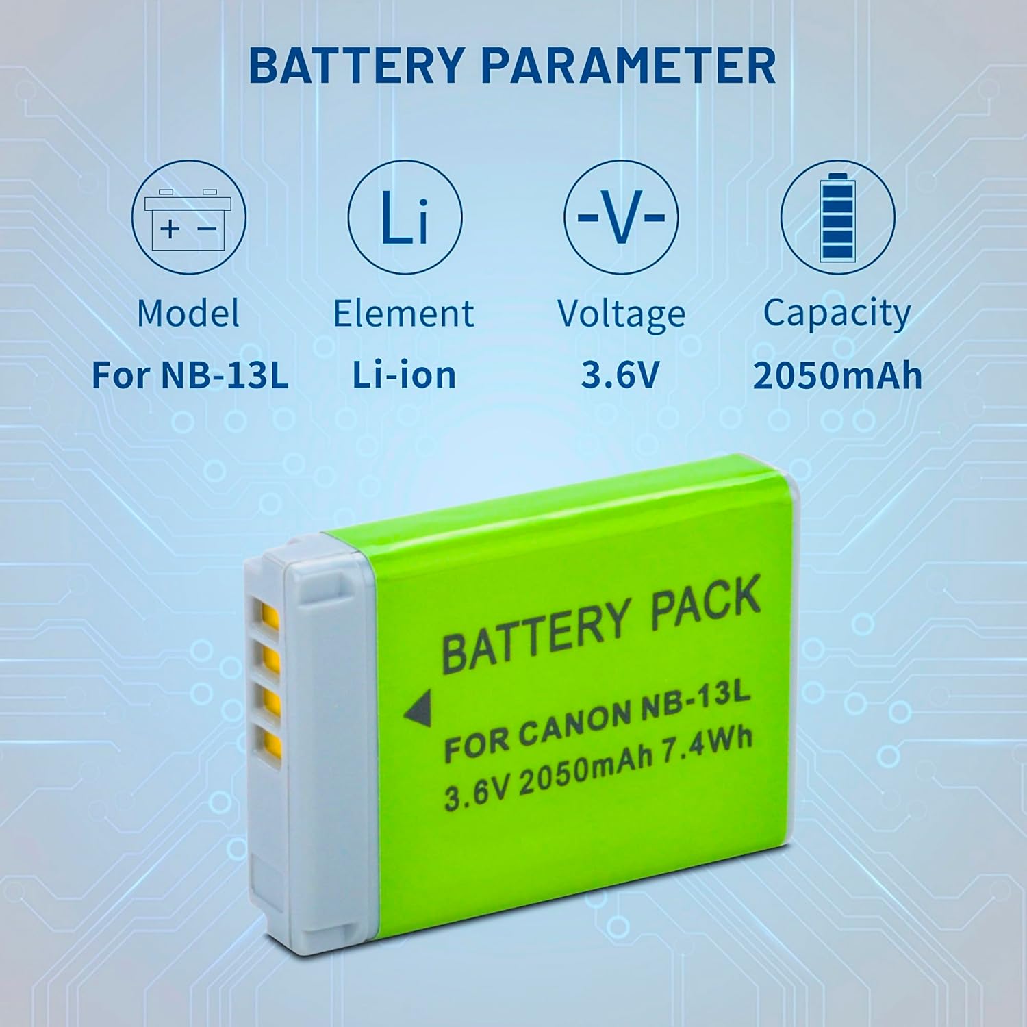 2050mAh NB-13L Battery Compatible with Canon PowerShot G7 X Mark II, G7 X, G1 X Mark III, G5 X, G5X Mark II, G9 X, G9 X Mark II, SX620 HS, SX720 HS, SX730 HS, SX740 HS - Image 2