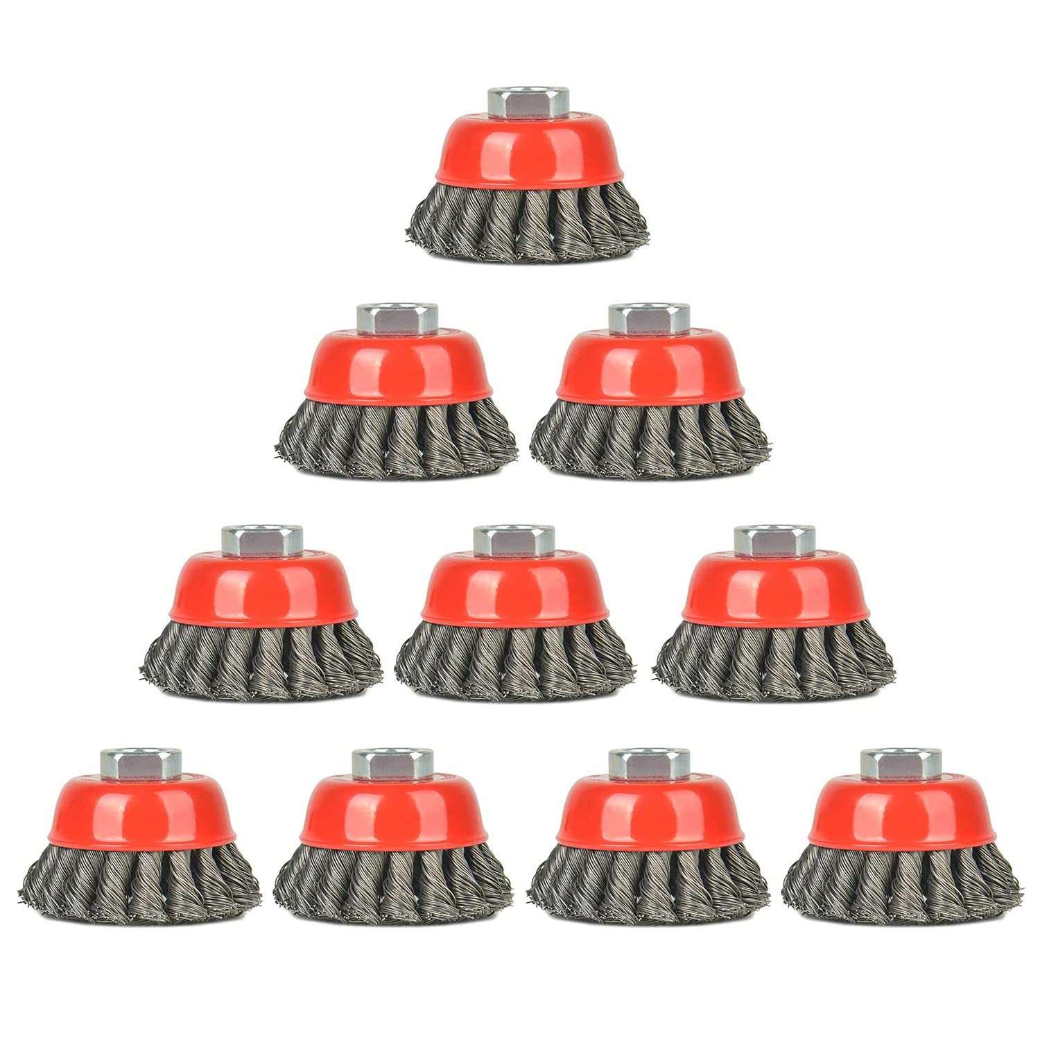 10 Pieces - 3 Inch Twisted Knotted Wheel Cup Brush with 5/8"-11 Threaded Arbor for Angle Grinder, Max RPM 12,500, Heavy-Duty Conditioning for Metal -