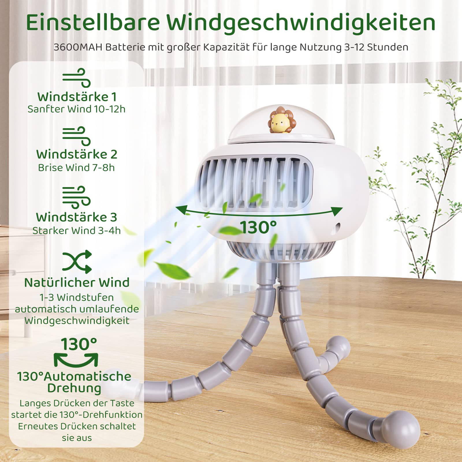 Bbtang Ventilatore Passeggino,USB Mini Ventilatore Portatile,3600mAh Ventilatore da tavolo con Treppiede flessibile 4 velocità per Passeggino, Tapis Roulant, Culle, Tenda,Campeggio