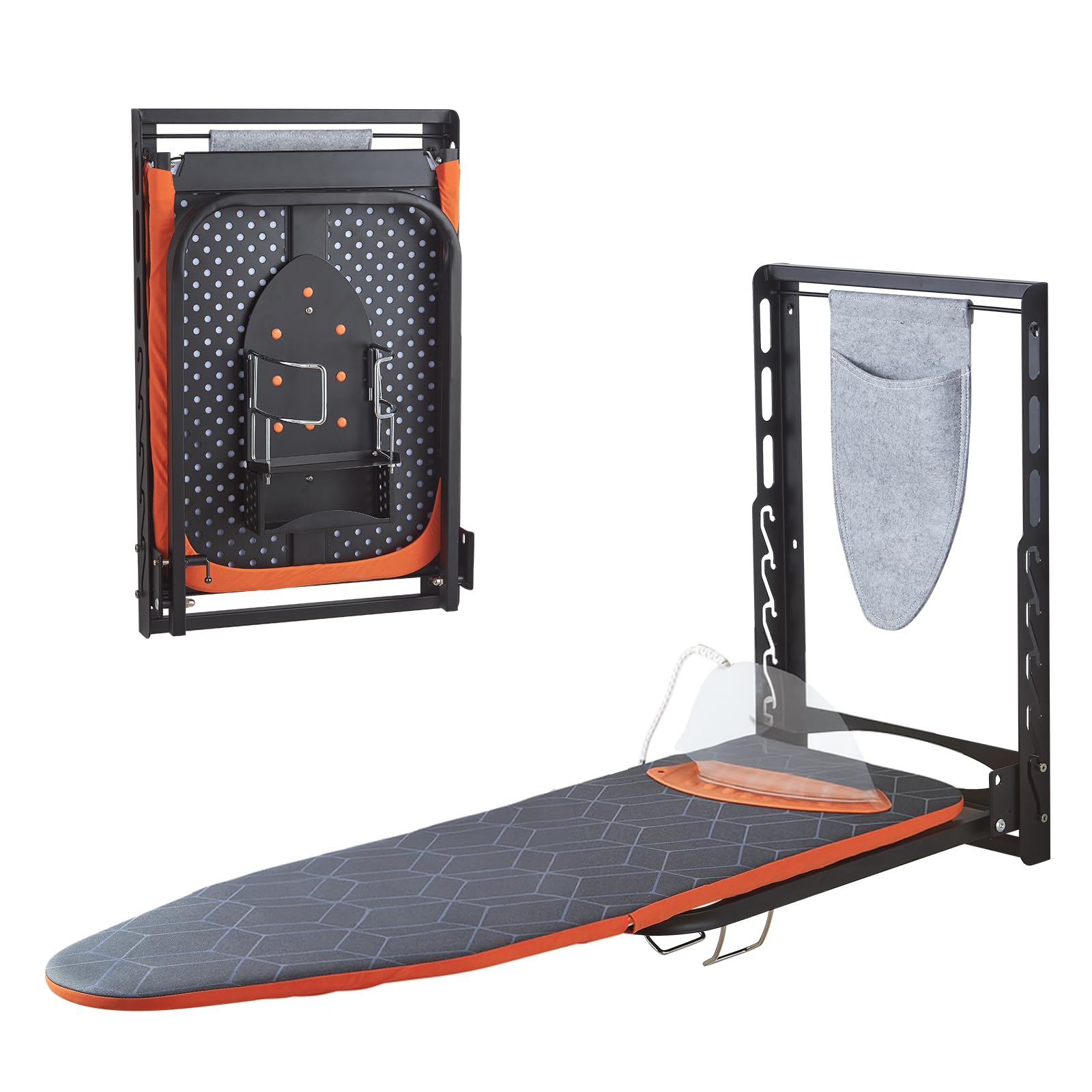 Wall Mounted Ironing Board with Iron Holder, 42 X 14 Compact Mount Foldable Ironing Board for Small Spaces, Space Saving with Cotton Fabric Cover and Silicone Iron Rest