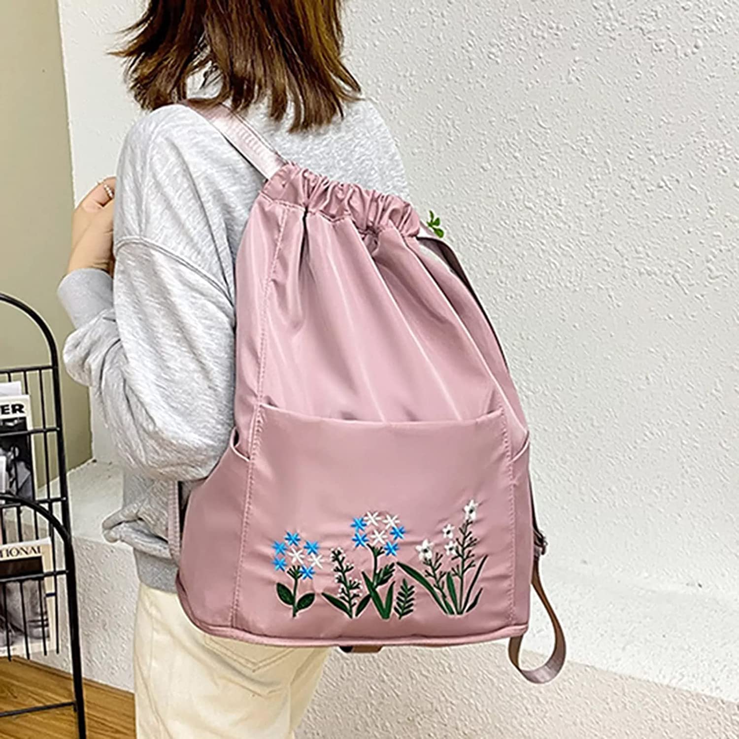 Krupanidhi Travel Drawstring Bag Waterproof Flower Print Foldable Embroidery Design Drawstring Backpack for Outdoor Lightweight Waterproof (pack of 1) (Pink) 2