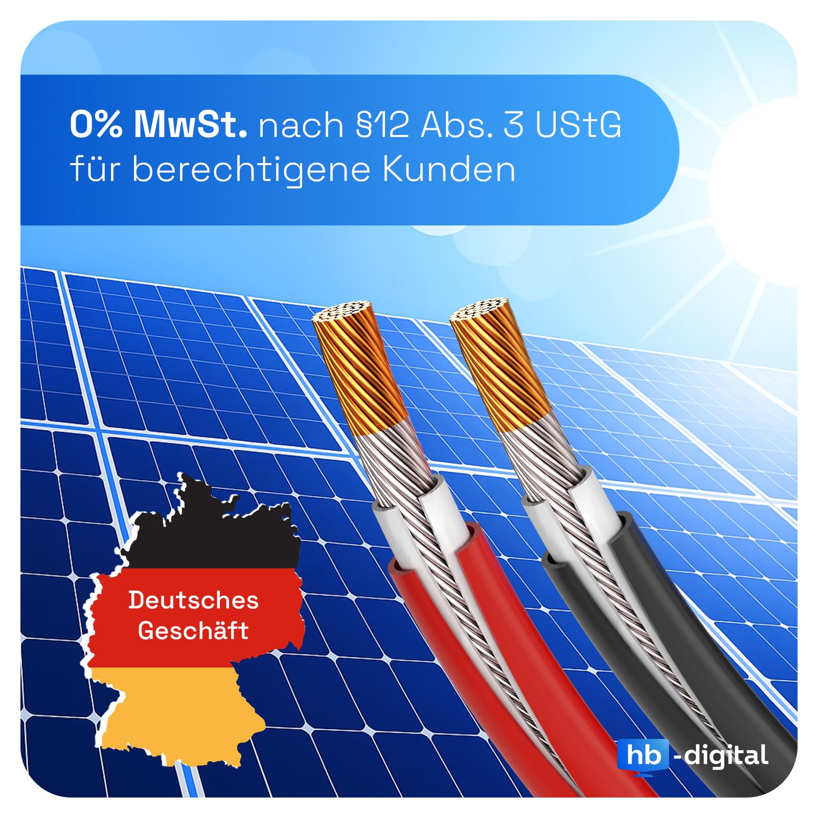 HB-DIGITAL 50m Solarkabel 6mm² H1Z2Z2-K inkl. 0% MwSt. gem. § 12 Abs. 3 UStG - TÜV Rheinland Zertifiziertes Flexibel UV PV Kabel Reines Kupfer 1500V DC für Solarpanel - Schwarz