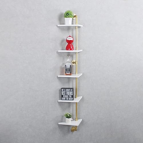 Miniatura 5 de MBQQ Estante industrial de esquina de tubo para pared, decoración de estante de madera, estantes flotantes, estante de pared de esquina rústico de 5