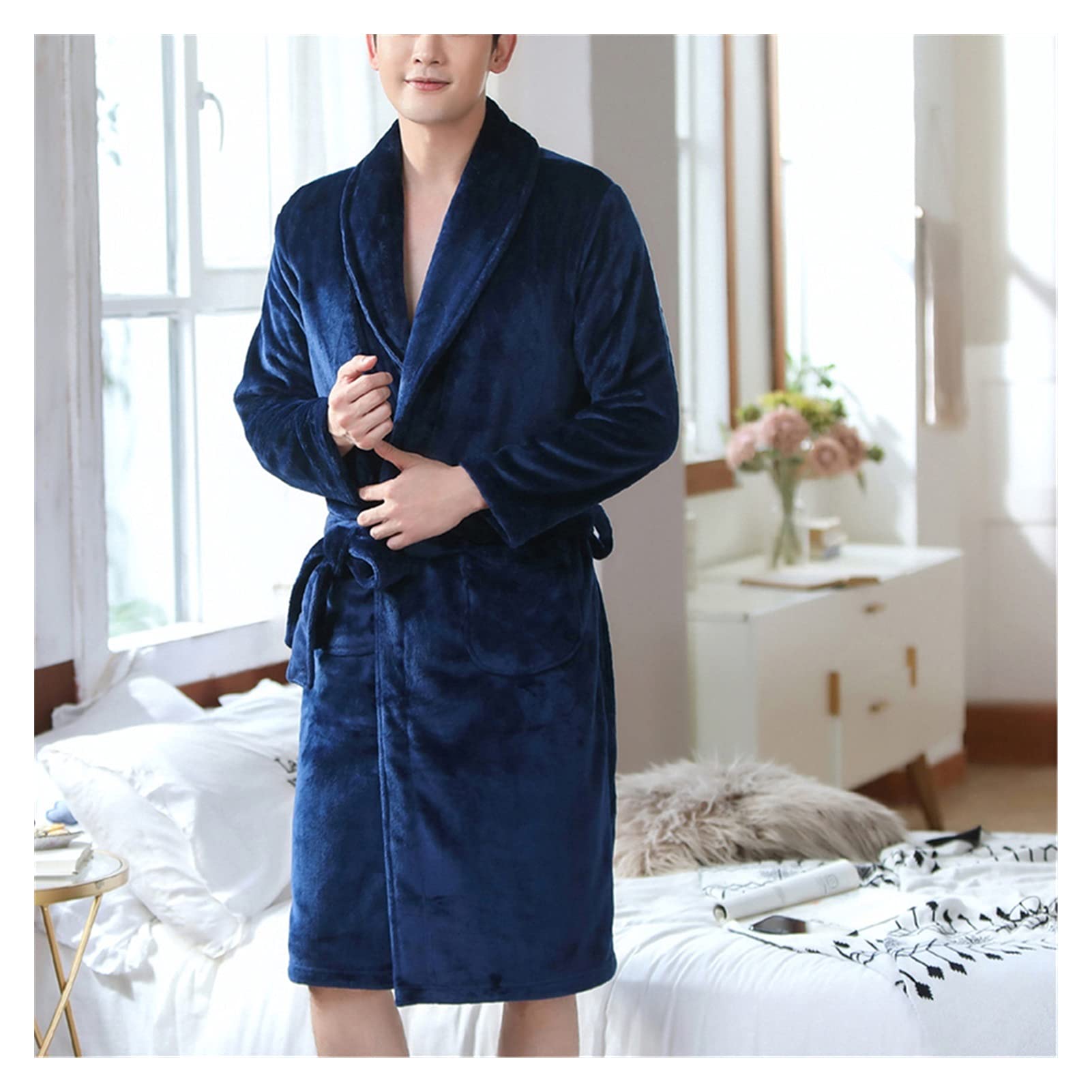 Albornoz de franela espesada y suave para hombre en azul o blanco