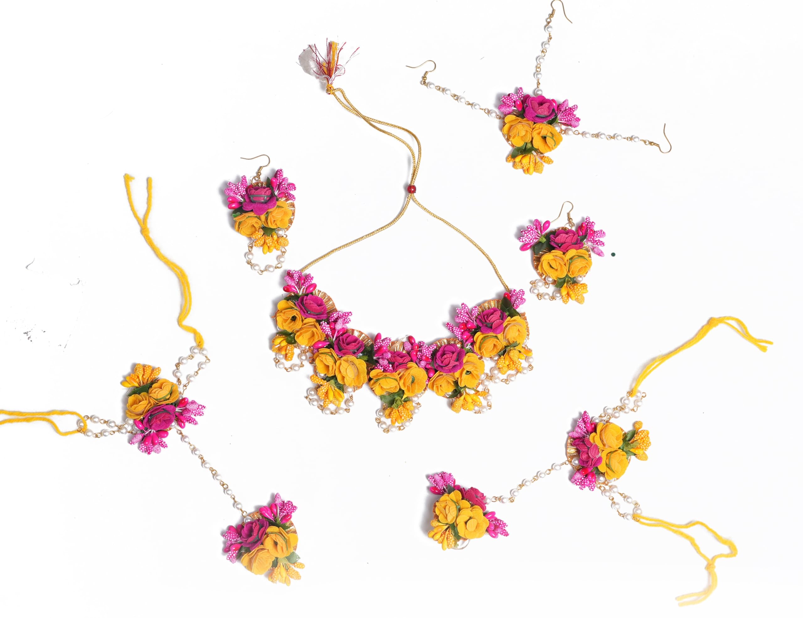 Bridal Handmade Jewellery set for Flowers For Haldi Gota Patti Necklace, Earrings, Bracelet & Maang Tika for Women & Girls (Mehandi/Haldi/Wedding/Bridal/Baby Shower) (HALDIYELLOWPINKL) (B0D7TKYRTZ) Amazon Price History, Amazon Price Tracker