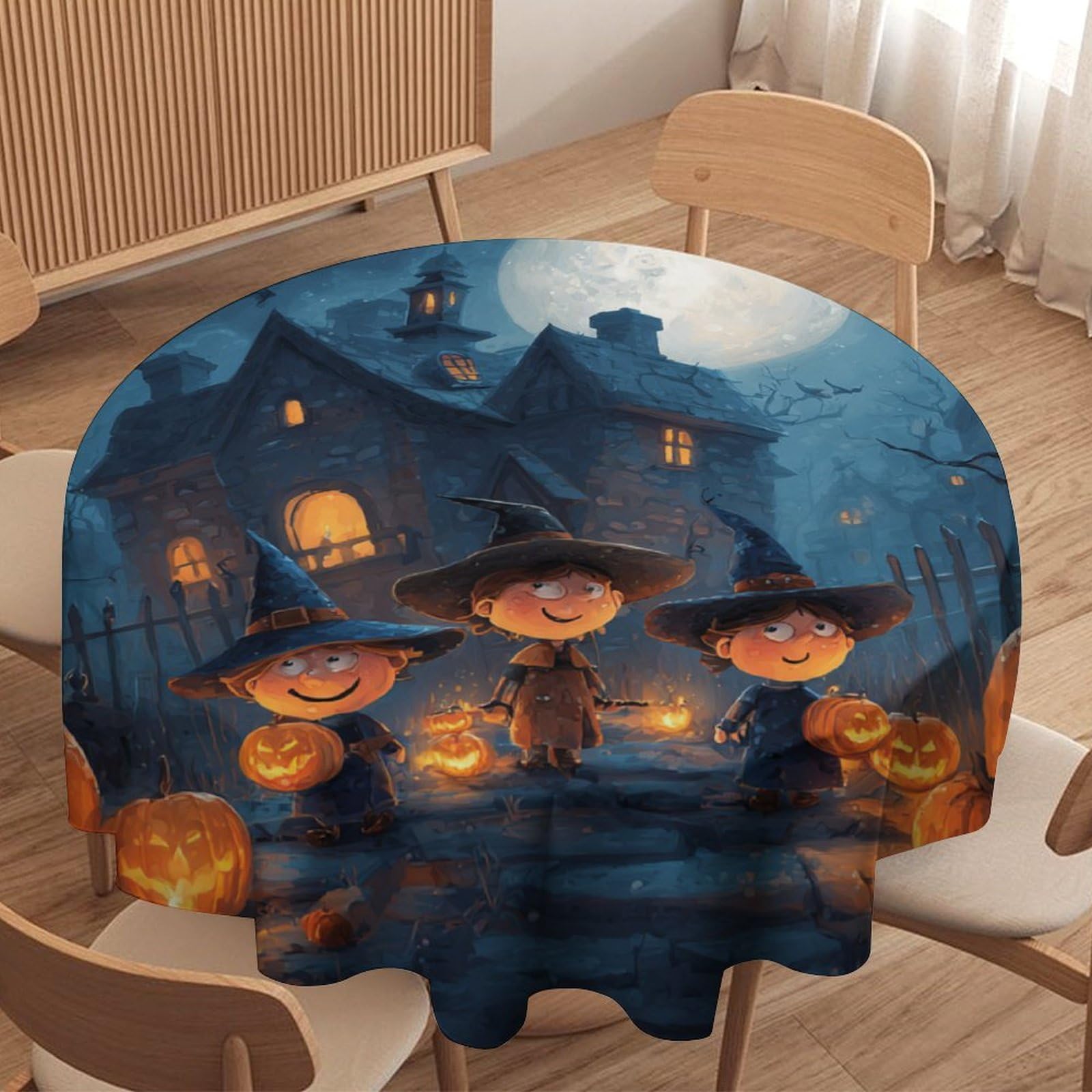 LUYYSKY Rustic Beautiful Cute Witches Round Tablecloth Spooky Aesthetic Halloween Full Moon Castle Plant Pumpkin Pattern Washable Decor for Table Cover for Kitchen-91.4" Wx91.4 L cm