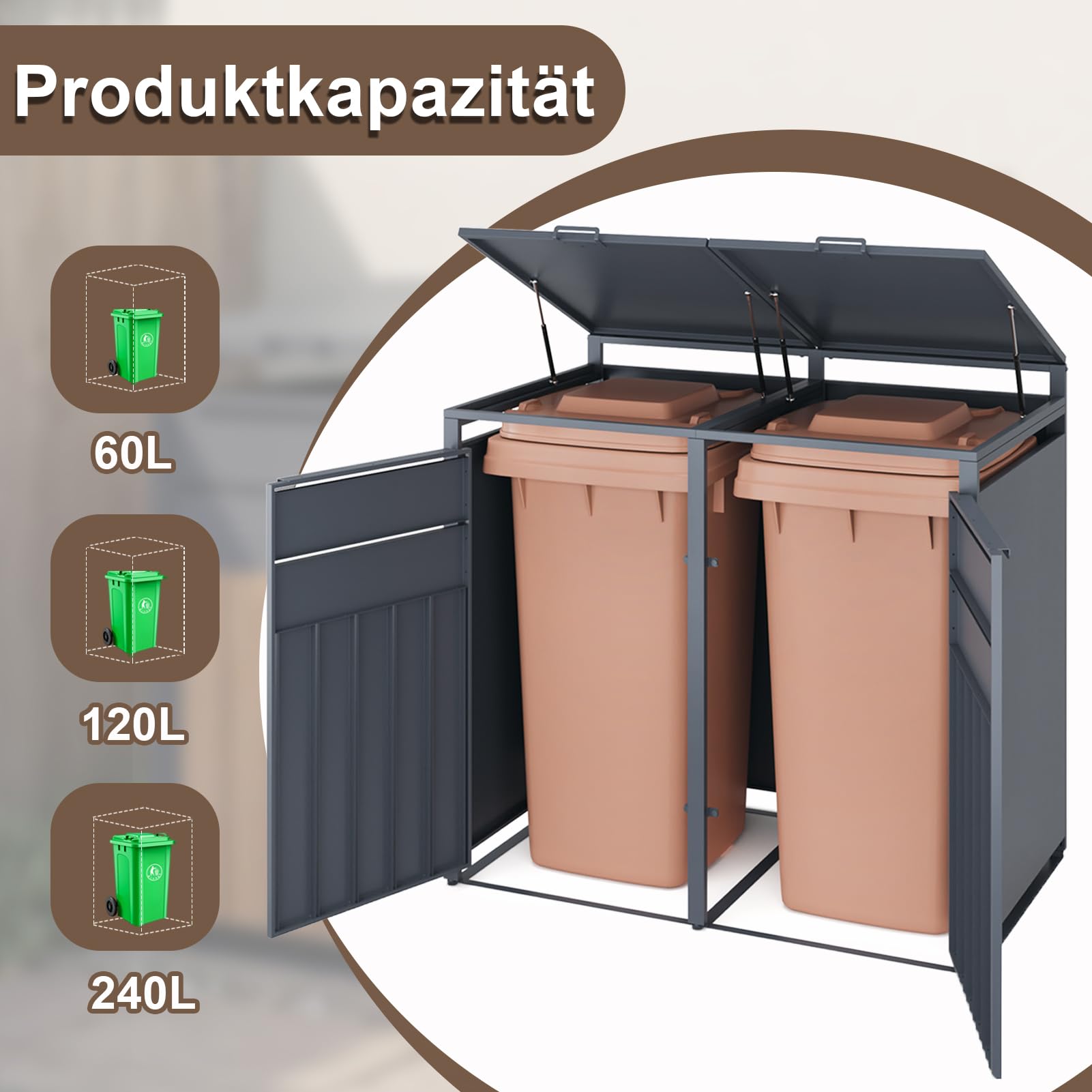 OMERAI Mülltonnenbox 2er für 2 Mülltonne bis 240L - Hochwertige Mülltonnenverkleidung - Wetterfest- Anthrazit Verzinkter Stahl mit Holzoptik - Müllbox Mülltonnecontainer
