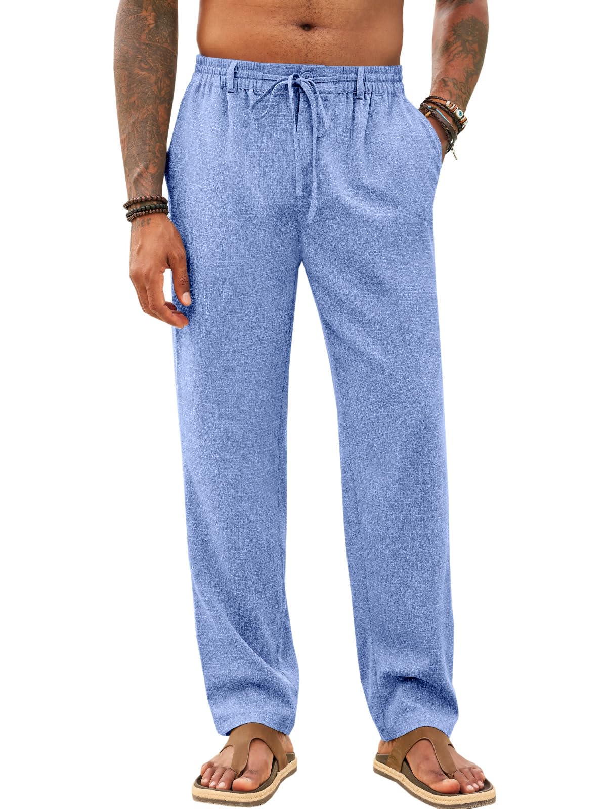 Runcati Mens Casual Pants Linen Elastic Waist Drawstring Lightweight Pants Loose Fit Summer Beach Yoga Trouser