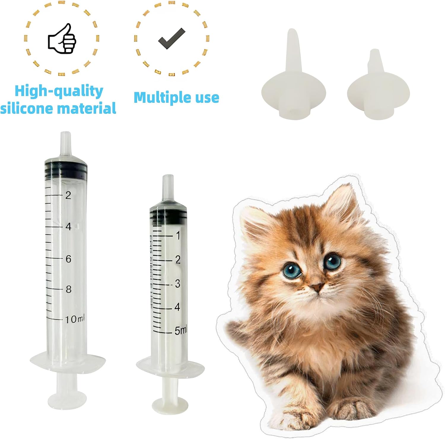 Kitten Nursing Syringe with 10pcs Silicone Nipples for Newborn Puppies, Cat, Dog,Rabbits, Squirrels, Birds,Small Animals(5ml +10ml)