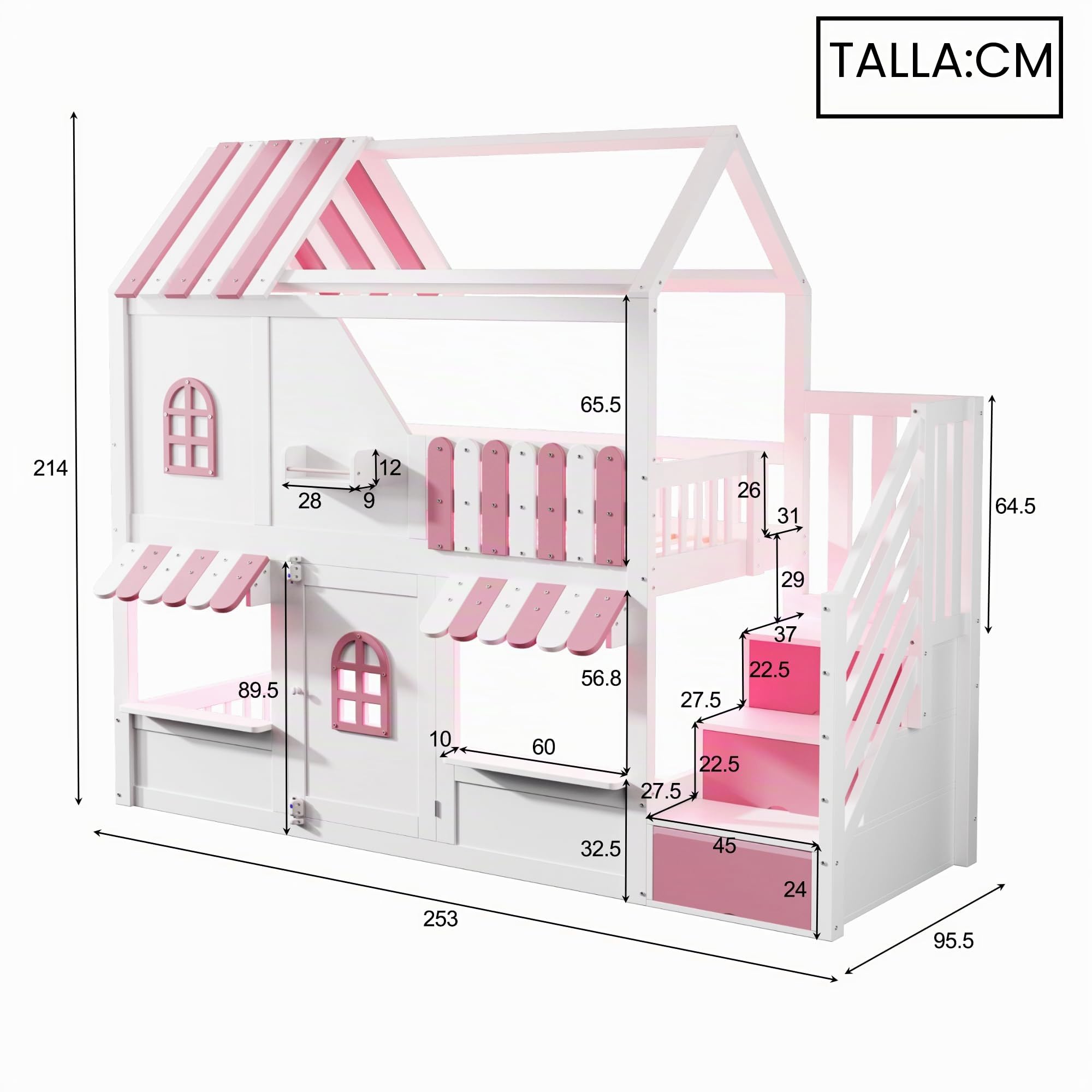 Cama infantil alta 90 x 200 cm, escalera de almacenamiento con pasamanos, litera cama casita con ventanas, techo, alero, barandilla y puerta, cama individual de madera con forma de casa (blanco y rosa