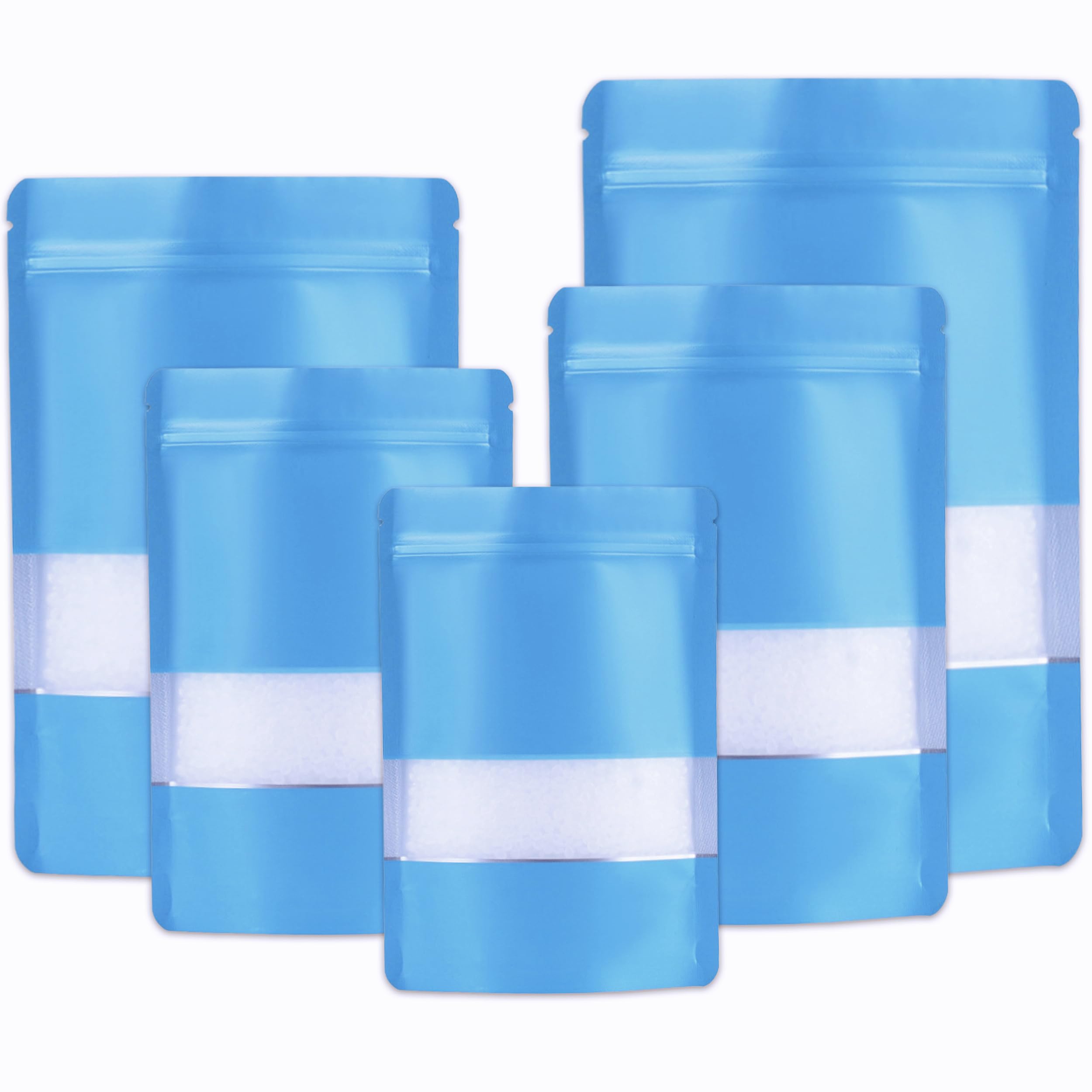 50pcs Mylar Bags With Window,Resealable Mylar Bags Stand Up,Smell Proof Bag Aluminum Foil Pouches,Heat Seal Foil Baggies Packaging Bag for Food Storage (16x24cm - 50 pcs, Blue)