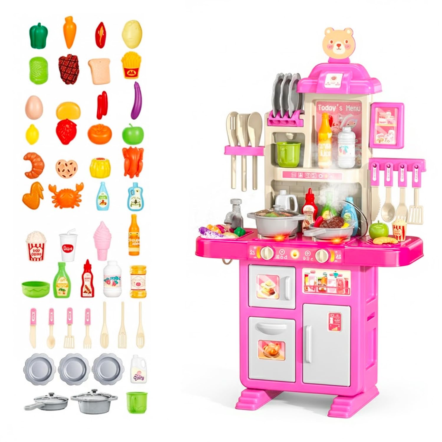 BRICOZONE Cucina Giocattolo Per Bambini Con Luci Suoni Ed Effetto Vapore Set Cucina Completo Con 69 Accessori Frigorifero Forno Rubinetto Con Riciclo Acqua 3 5 Anni (Rosa)