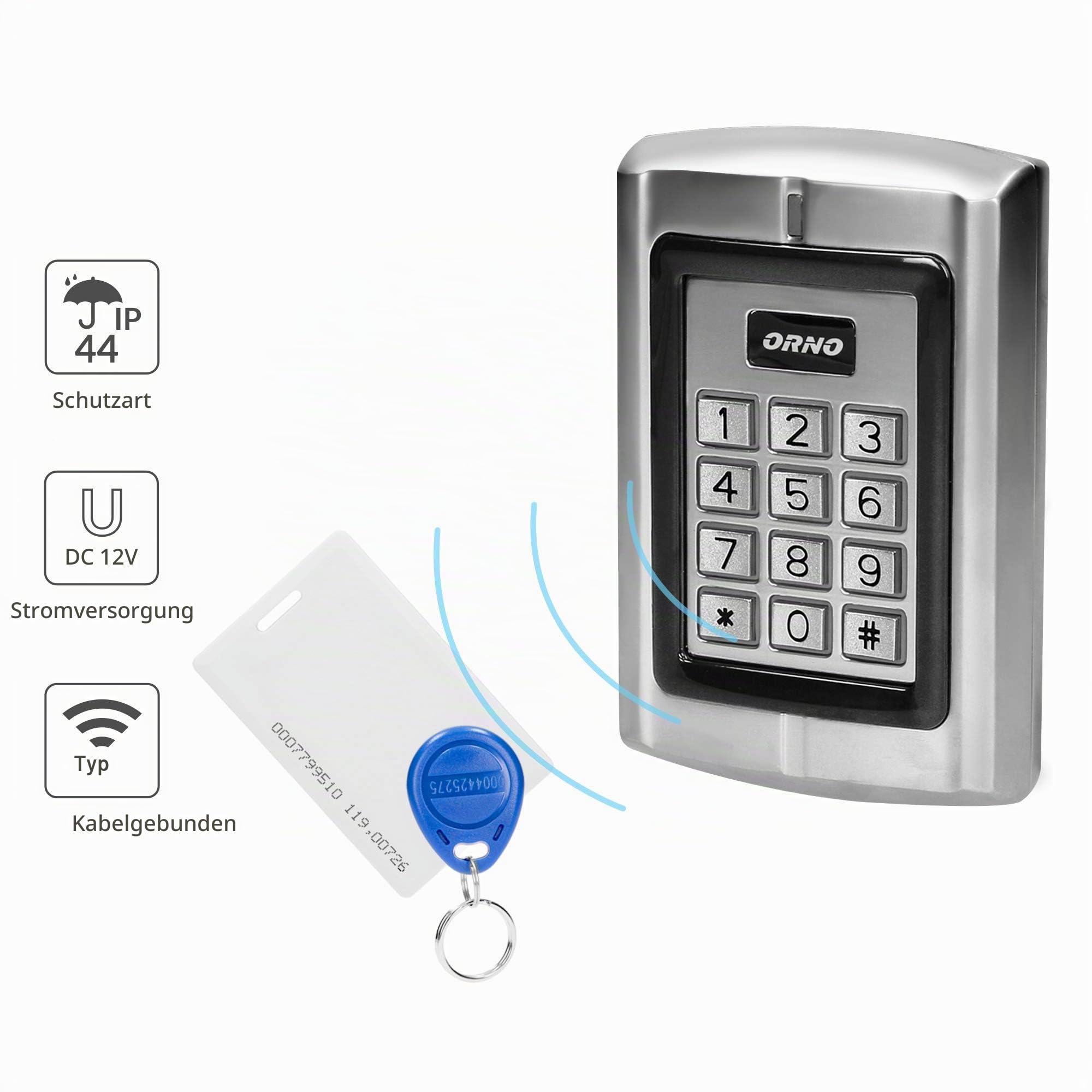 Orno ZS-802 Wasserdicht Codeschloss mit Kartenleser und Kontaktlose Schlüsselanhängerleser, Eingebauter Speicher, silber