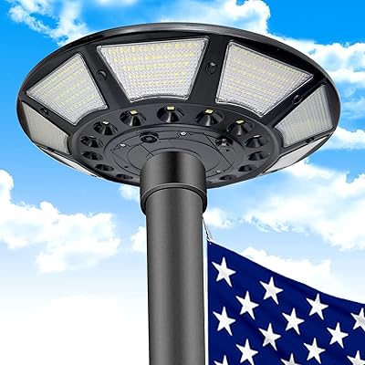 New 566 LED Solar Flag Pole Light with DC Charge Port,6000 Lm 10000mAh Battery,High-Capacity Chip for Long 20 Hours,Auto On/Off IP67 Waterproof 100% Flag Coverage for Most 15 to 25 Ft Flag Poles Black