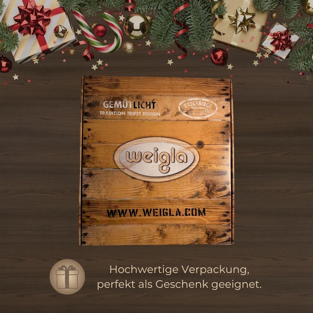 WEIGLA - Lichterspitze original Erzgebirge I Motiv Weihnachtsmann auf Schlitten I LED Lichterbogen Weihnachten I 7 Lampenkerzen + 1 Ersatzlampe I 7 x 34 V, 0,2 W, E10 I Weihnachtsdeko innen I aus Holz