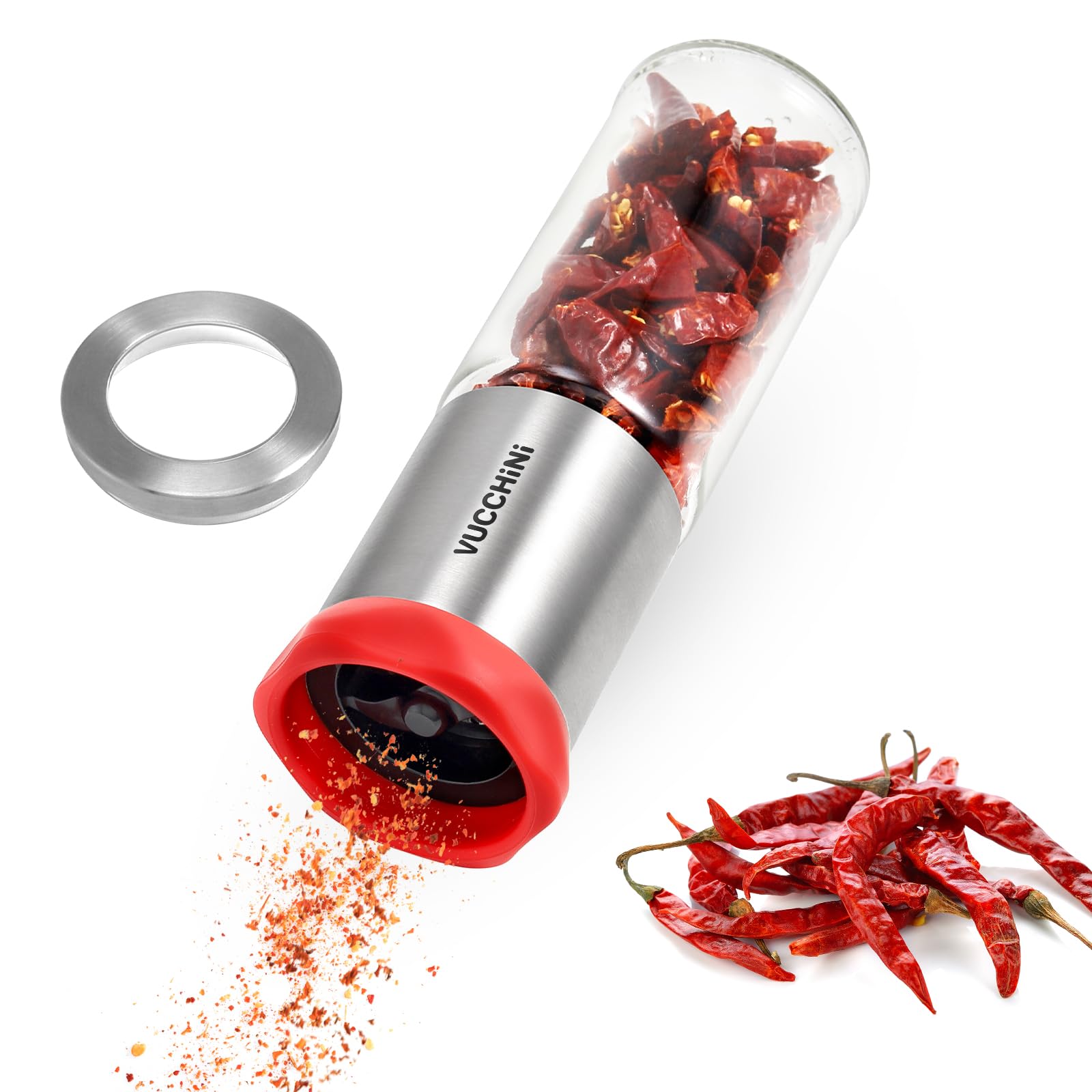 Vucchini Młynek do chili ze stali nierdzewnej i szkła, krajalnica chili do grubych przypraw i suchych chili, młynek do przypraw, młynek do ziół, mechanizm tnący