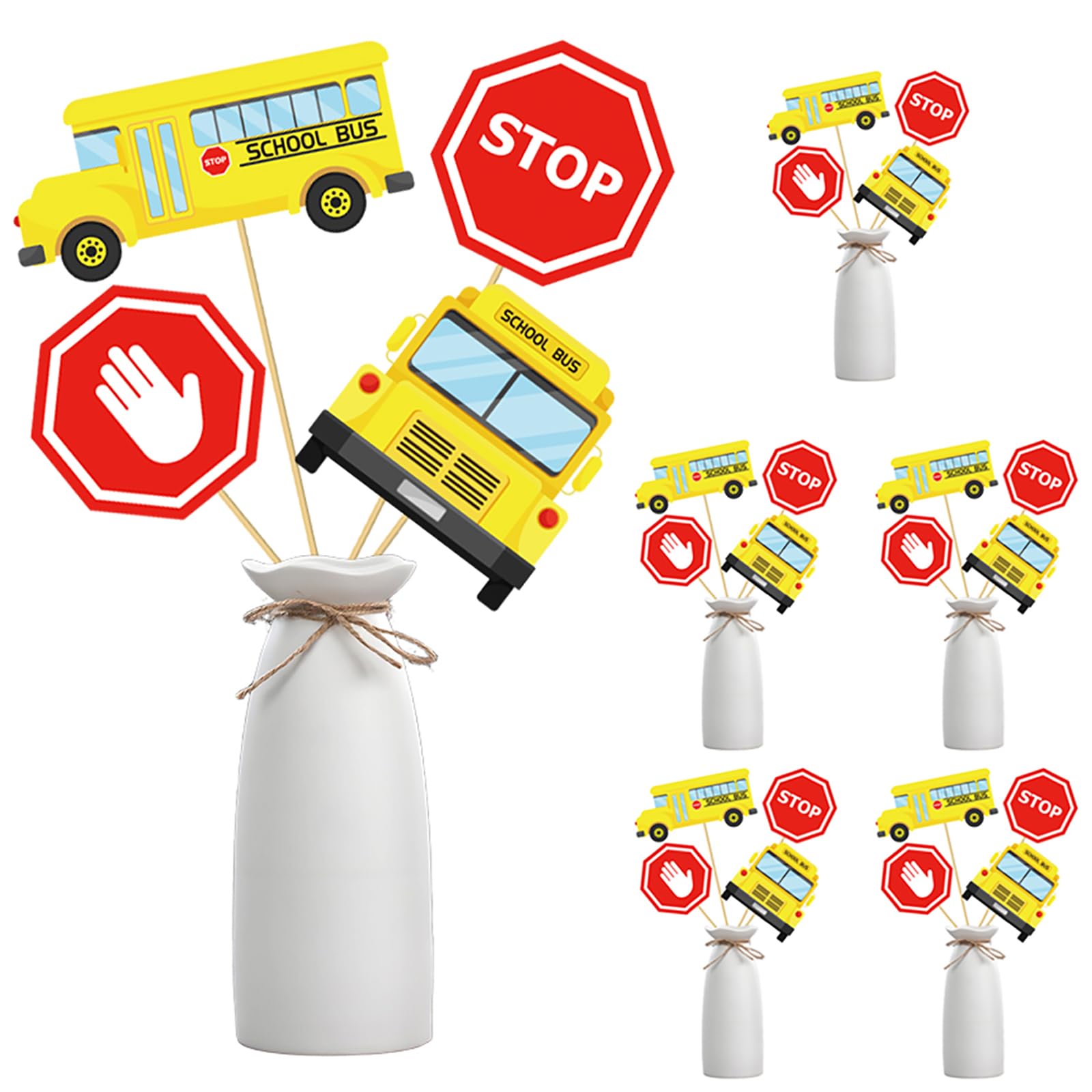 CHNBF 24Pcs School Bus Party Decorations Set - 4 Styles Centerpieces with Sticks & Stickers for Birthday, Back to School, Classroom Table Decor