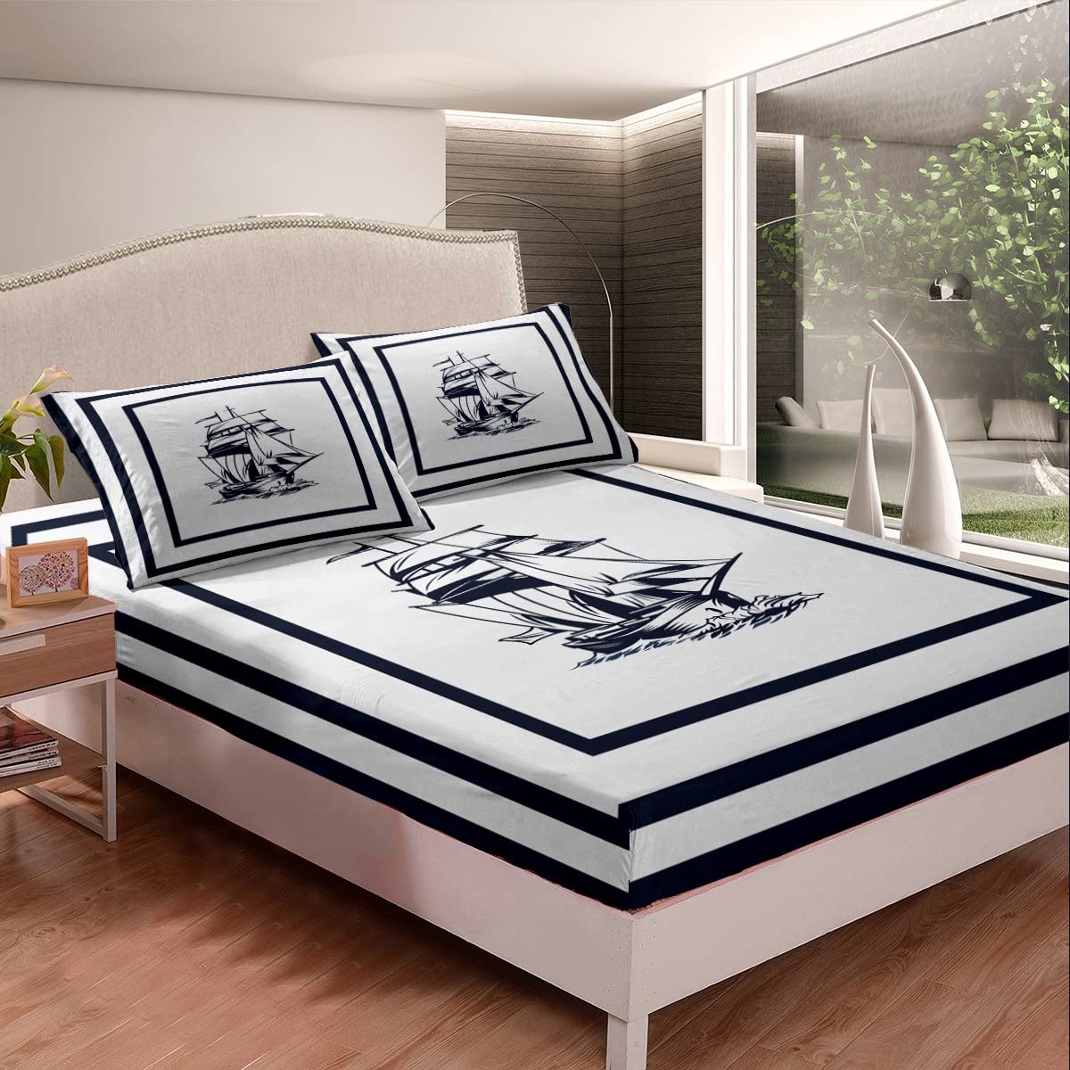 Loussiesd Set di lenzuola per letto matrimoniale a tema nautico per bambini, motivo: ancora, set di lenzuola per ragazzi con tasca profonda, lenzuolo con angoli per camera da letto oceano, 4 pezzi