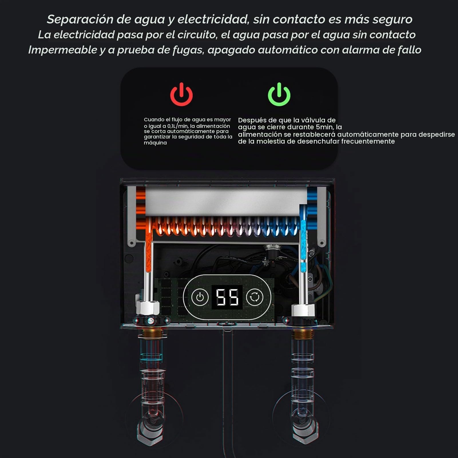 Mxzzand Calentador Agua Instantáneo 5500W, Sin Tanque para Baño/Cocina, Ahorro 50% Energía, Pequeño Instantáneo Eléctrico para Baño