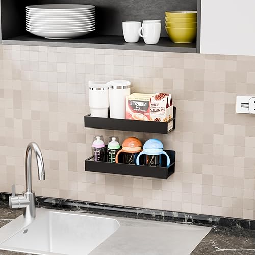 Miniatura 3 de Yieach Paquete de 4 soportes de pared negros para especias con adhesivo, 11.5 pulgadas de largo x 3.6 pulgadas de ancho, organizador de especias