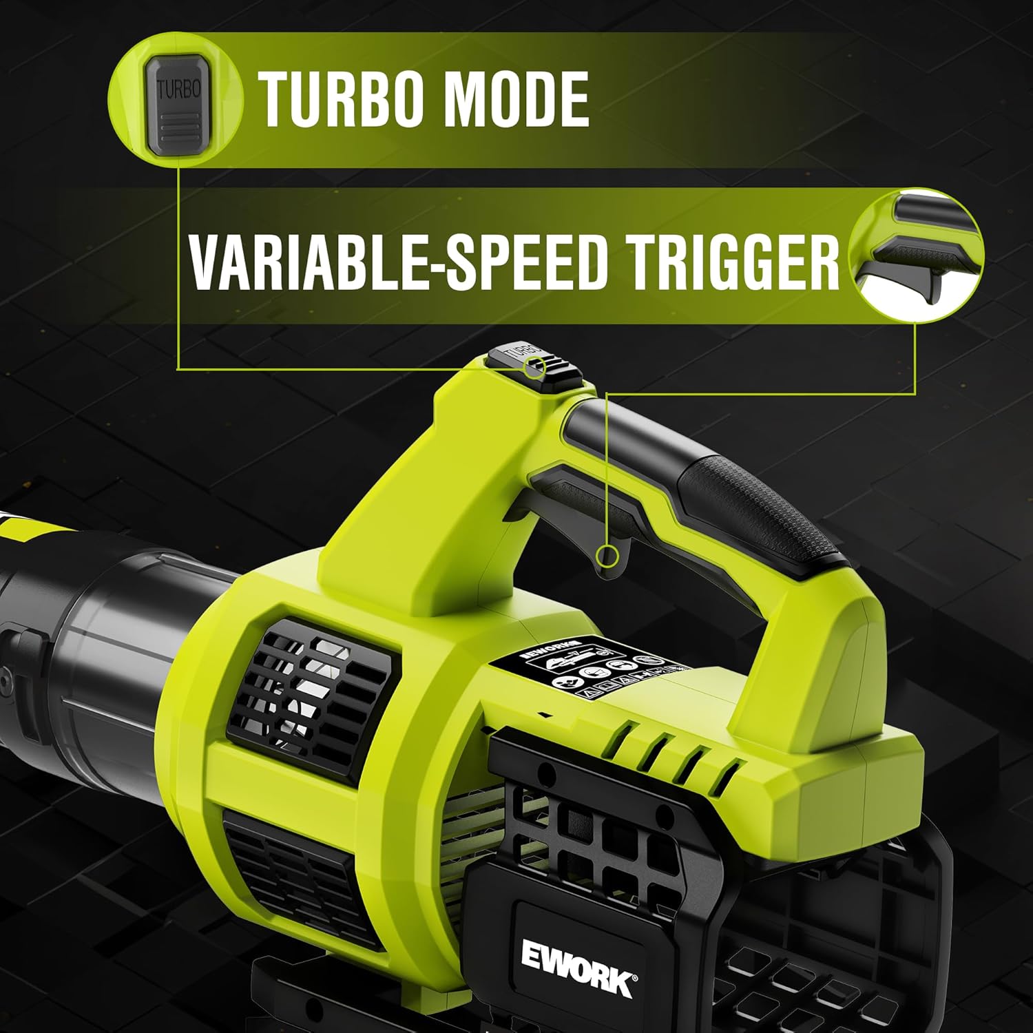 EWORK 21V Cordless Leaf Blower, Powerful Turbo Mode & 550 CFM, 2×3.0Ah Batteries & Fast Charger, Lightweight Electric Leaf Blowers for Lawn Care, Patio, Leaves & Dust - Image 5