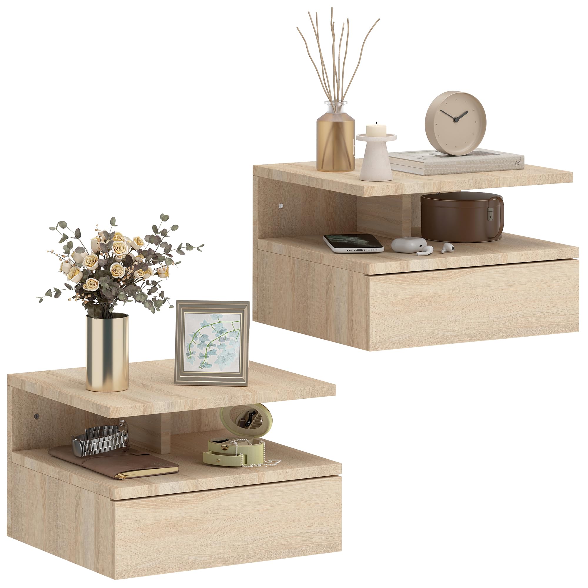 HOMCOM Juego de 2 Mesitas de Noche Flotantes con Cajón, Mesillas de Noche Dormitorio, Montado en la Pared, Estilo Moderno, para Sala de Estar, 35x32x22,5 cm, Roble