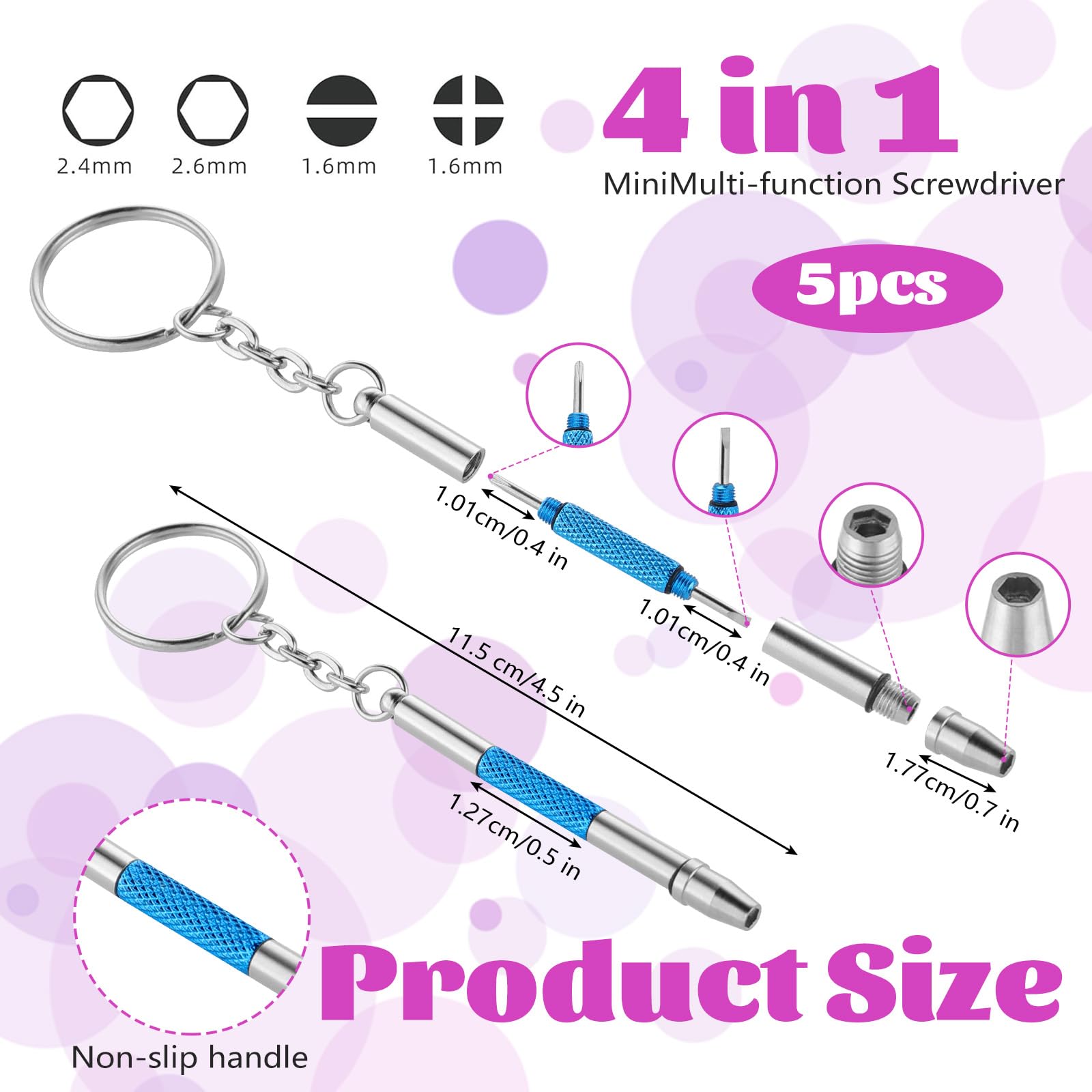 5 Stück Mini Brillen Schraubendreher, bunt Brillen Reparatur Set, 3 in 1 Brillen-Reparatur-Set, Tragbar Edelstahl Screwdriver Schlüsselbund, Kleines Schraubenzieher für Brillen, Uhren