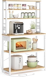 Bakers Rack with Power Outlet, 31.5 Inches Coffee Bar for Kitchen with Storage, 6-Tier Kitchen Shelves with 6 Hooks, Microwave Stand, Golden Oak and White UKKS119Y01