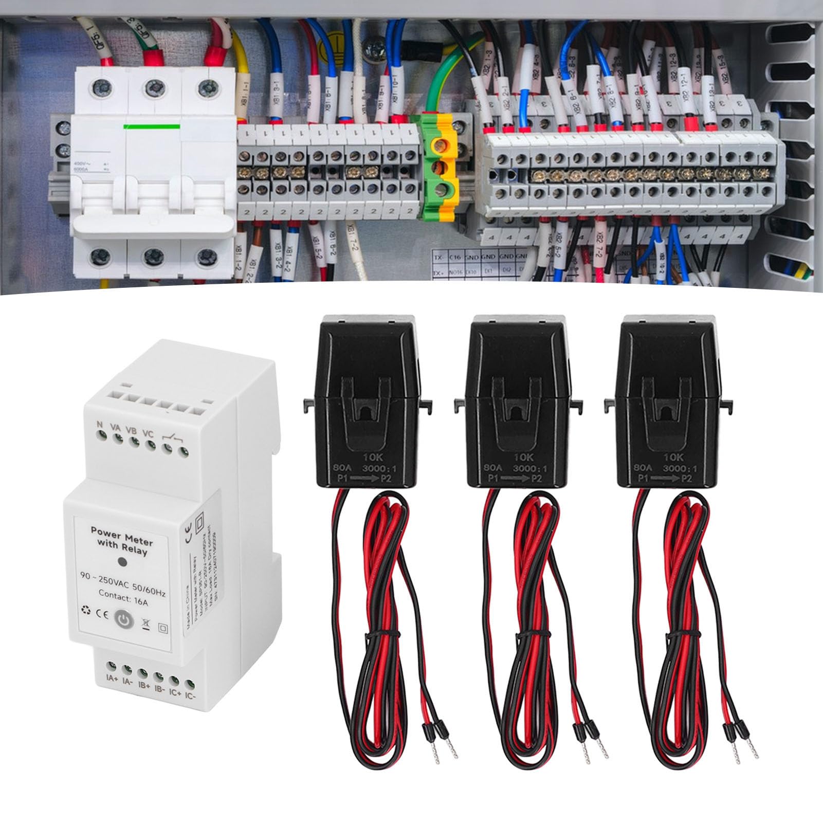Medidor de Energía WiFi Trifásico para Hogar con Monitor de Consumo, Voltímetro y Amperímetro, 3 Transformadores de Corriente 80A, Control App y Monitoreo Tiempo Real 90x65x35mm