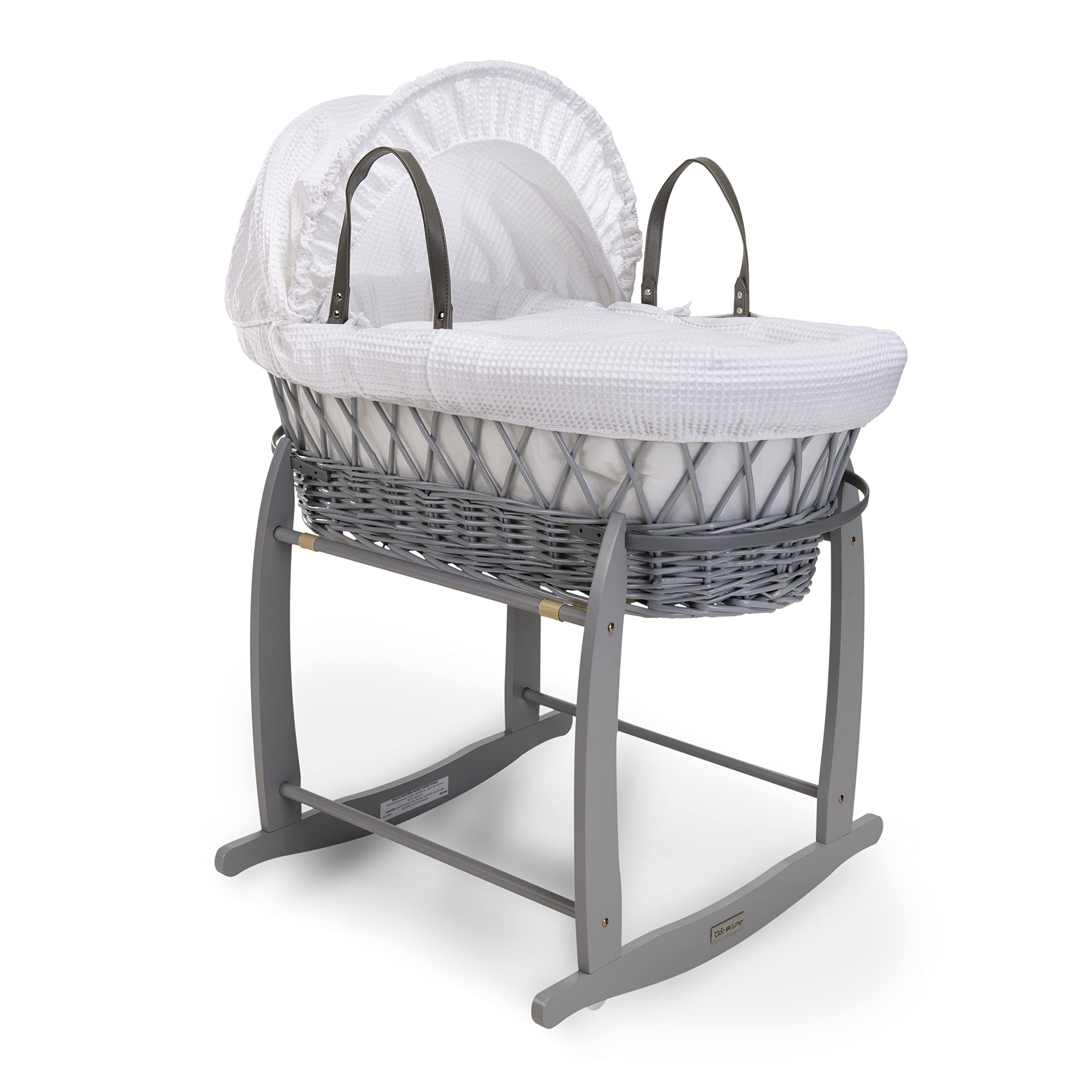 Clair de Lune Moisés de Mimbre Gris gofre y Soporte Mecedora de Lujo Gris Que Incluye 1 Capucha Ajustable y extraíble, 2 Asas de Transporte, Colcha y 1 colchón de Fibra hipoalergénica Firme (Blanco)